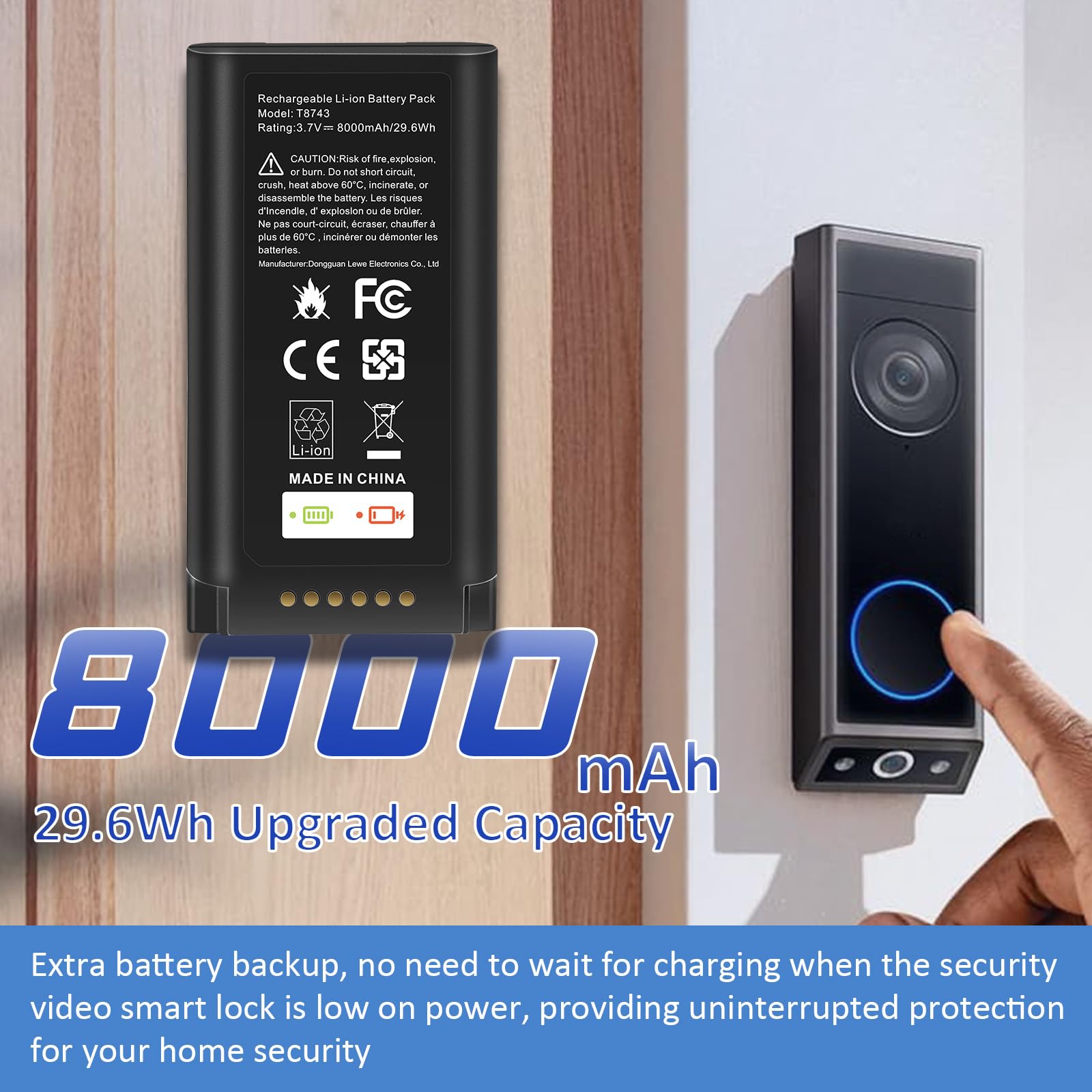 8000mAh Akku, kompatibel mit der Eufy E340 C31 Video-Türklingel; Ersatzakku mit hoher Kapazität für den Eufy E340-Akku, inklusive Typ-C-Ladekabel
