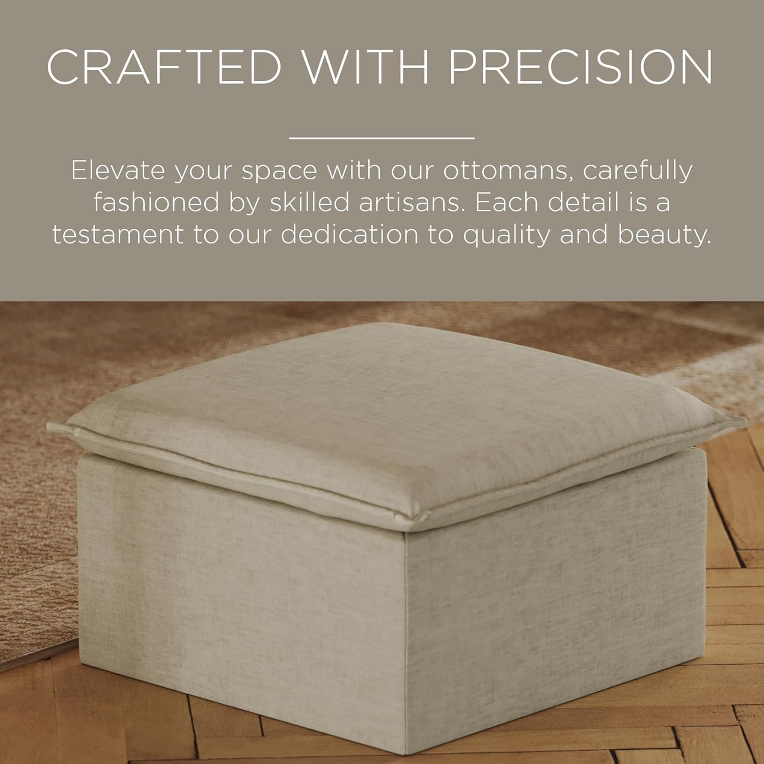 Maven Lane Claude Large Square Rustic Upholstered Ottoman, Cushioned Footrest for Living Room Couch, Chair, or Dorm Room in Dove Fabric Upholstery