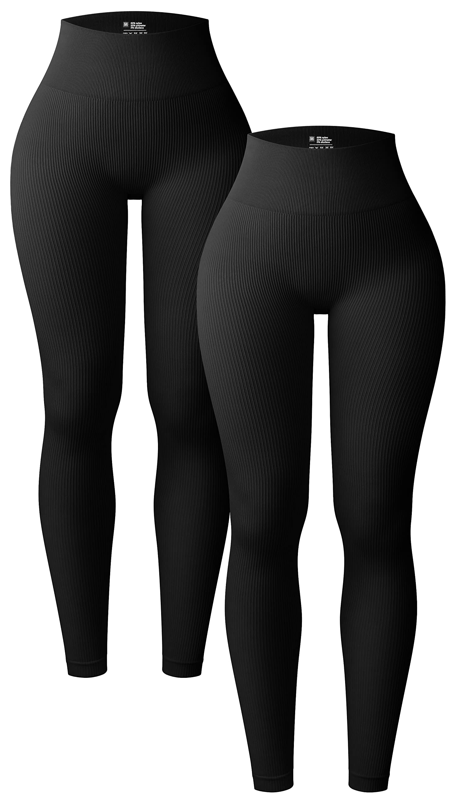 OQQ Women's 2 Piece Yoga Legging Ribbed Seamless Workout High Waist Athletic Pant, Black Black, Medium