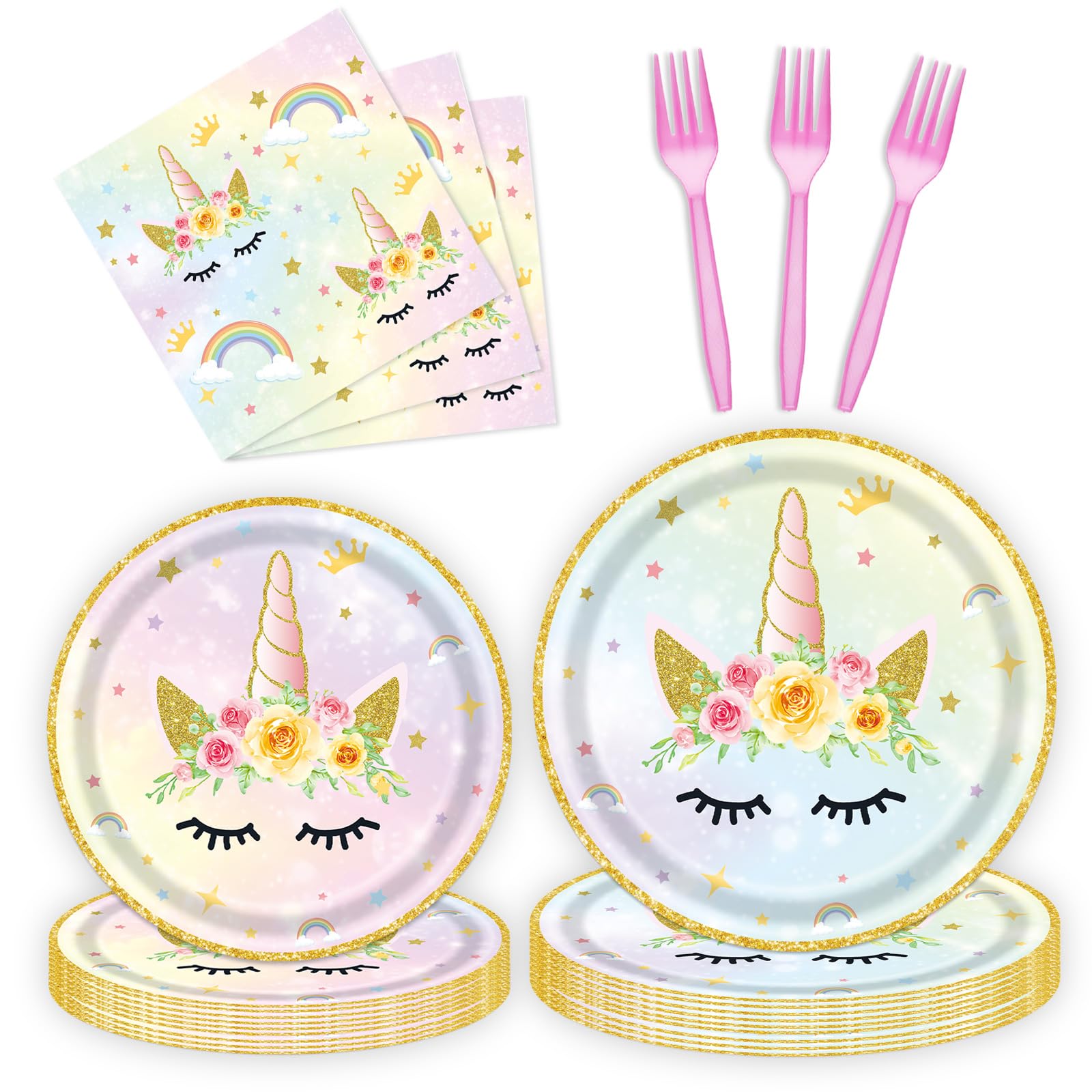 96 Pcs Birthday Plates and Napkins Party Supplies, Gold Horned Horse Disposable Forks Paper Dessert Tableware Decorations Table Dinnerware Favors Set,