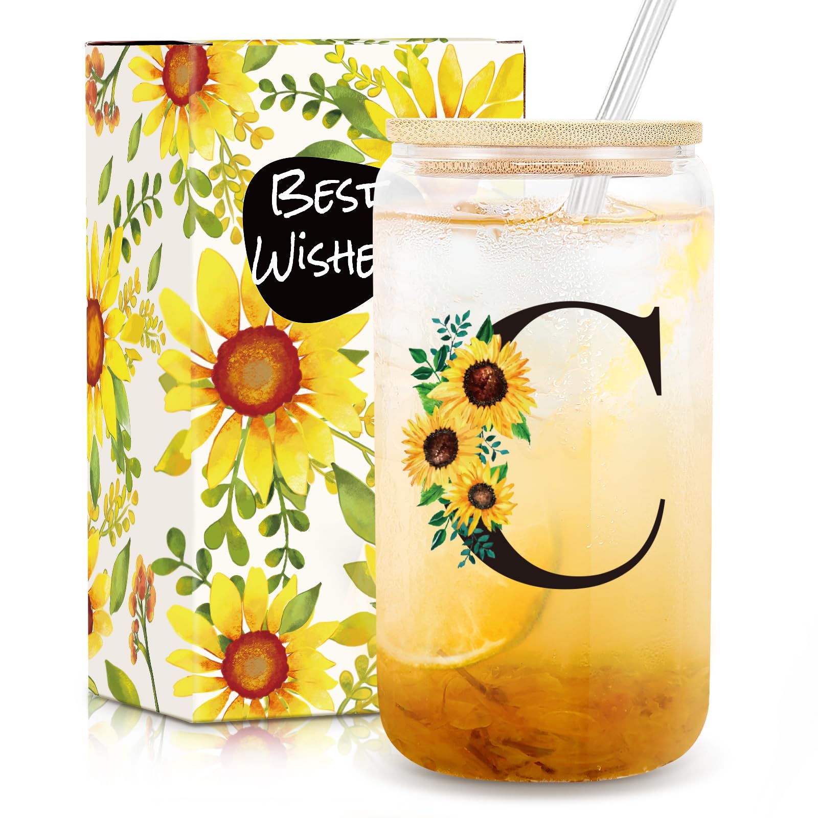Birthday Gifts for Women, Initial Glass Cups W Lids and Straws, Sunflower Gifts for Women, Personalized Gifts, 16oz Glass Tumbler Cups W/Straw Lid, Monogrammed Gifts, Birthday Gifts for Her Mom -C