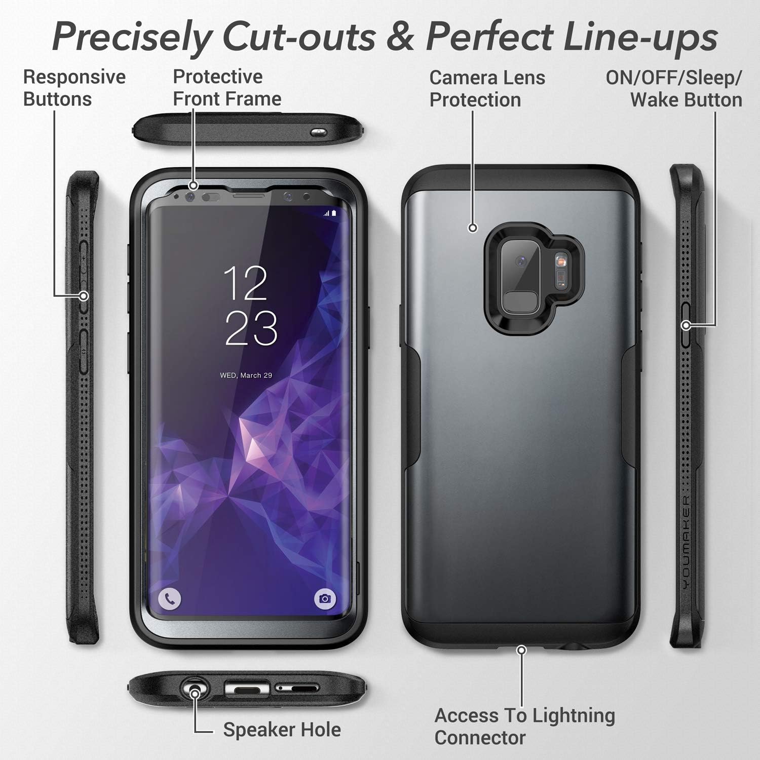 YOUMAKER Galaxy S9 Case,Metallic Black with Built-in Screen Protector Heavy Duty Protection Shockproof Slim Fit Full Body Case Cover for Samsung Galaxy S9 5.8 inch - Black/Black