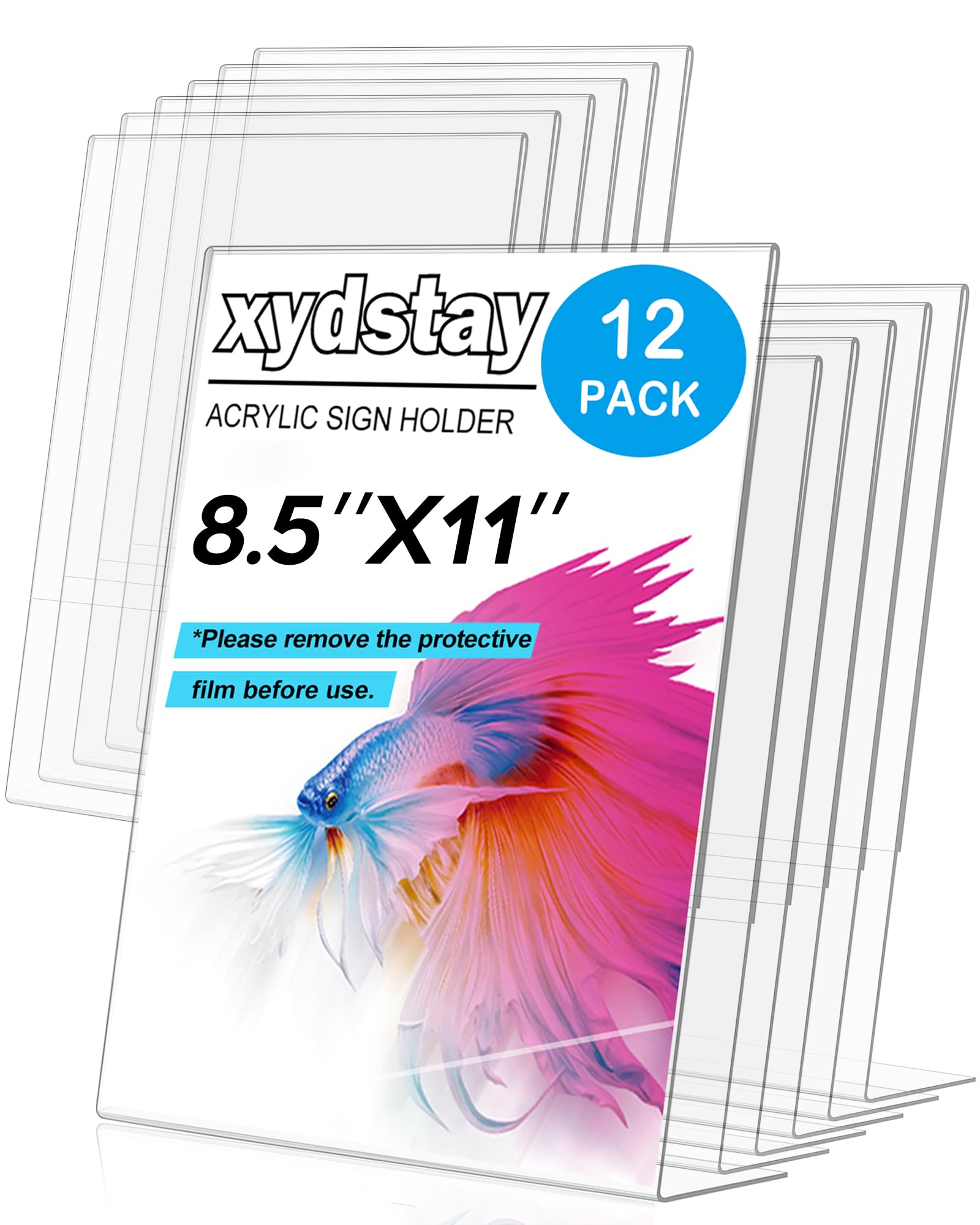 xydstay Paquete de 12 soportes acrílicos de 8.5 x 11 pulgadas, plástico transparente en forma de L, soporte de menú, soporte de letrero de mesa irrompible para restaurante, oficina, escuela, tienda y