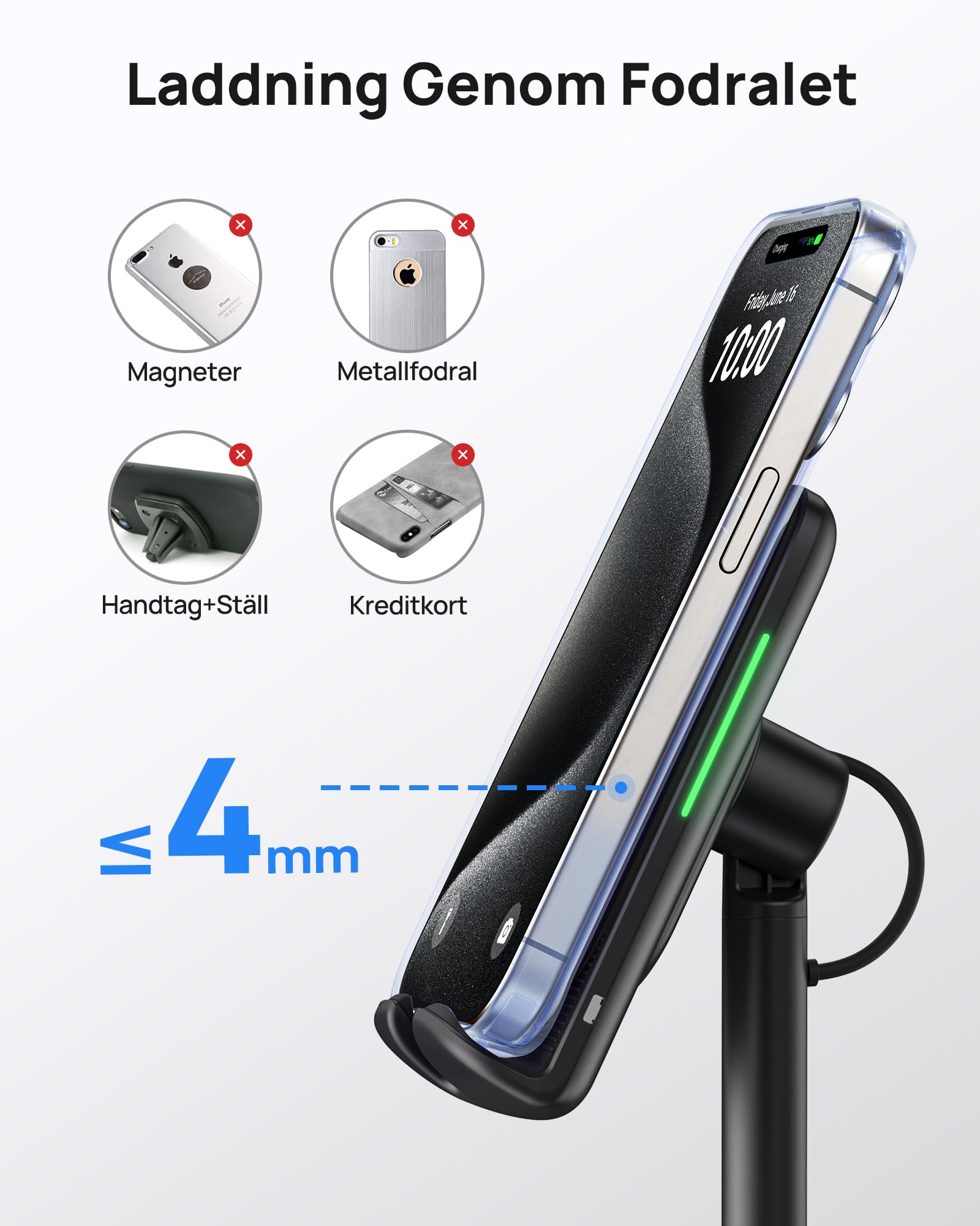 INIU Bezprzewodowa Ładowarka Stojąca, 15W Indukcyjna Szybkiego Ładowania, Stacja Ładująca z Adaptacyjnym LED i Regulowanym Uchwytem dla iPhone 16 15 14 13 12 Samsung Galaxy S25 S24 S23 Google Pixel LG