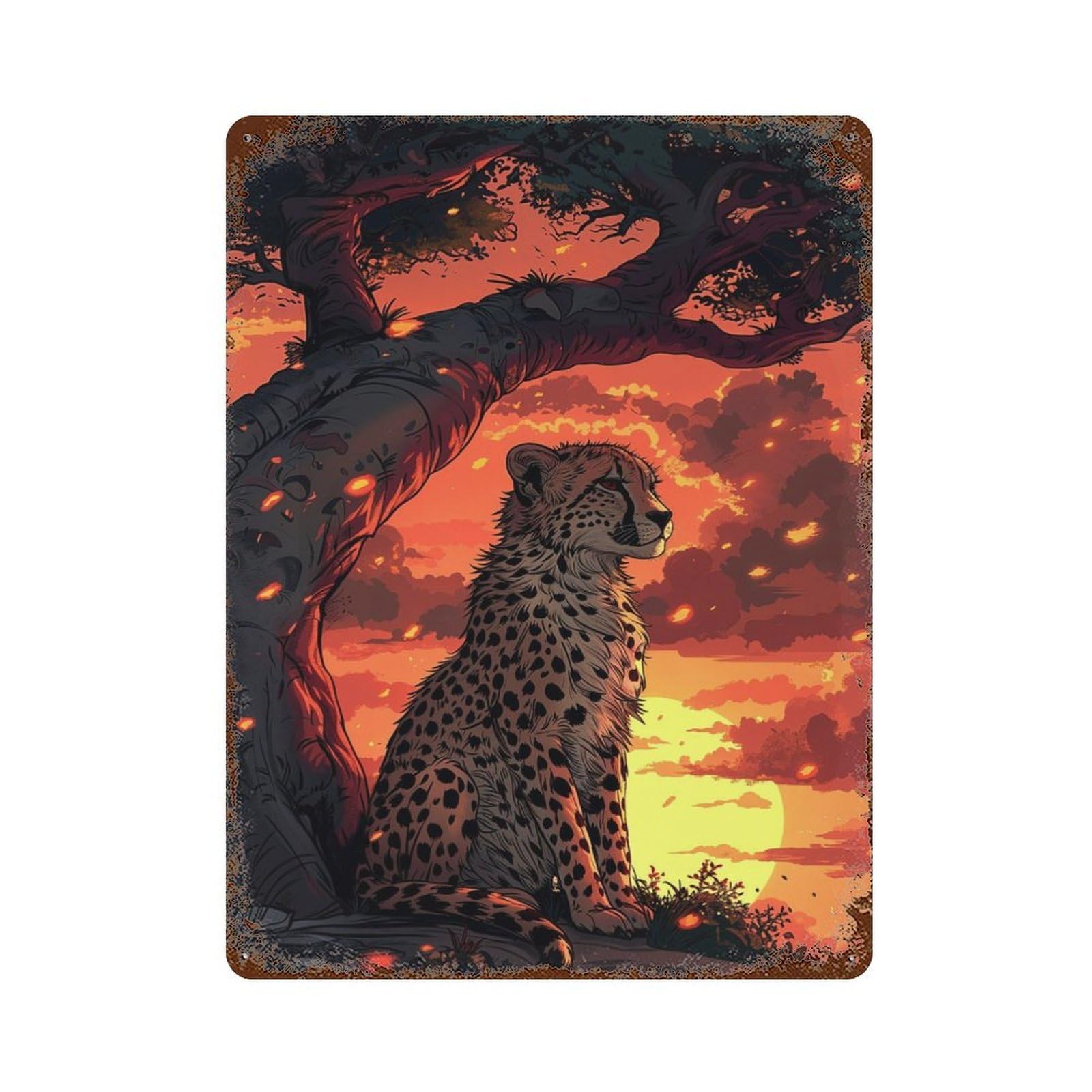 Cheetah Sunset 15.7"x11.8" Decorative Tin Sign, Classic Wall Plaque for Cafe, Home Bar And Lounge Decor