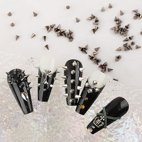 Miniatura 5 de 600pcs Nail Art Punk Cone Metalic Spike Studs Sliver, negro, decoración de uñas dorada