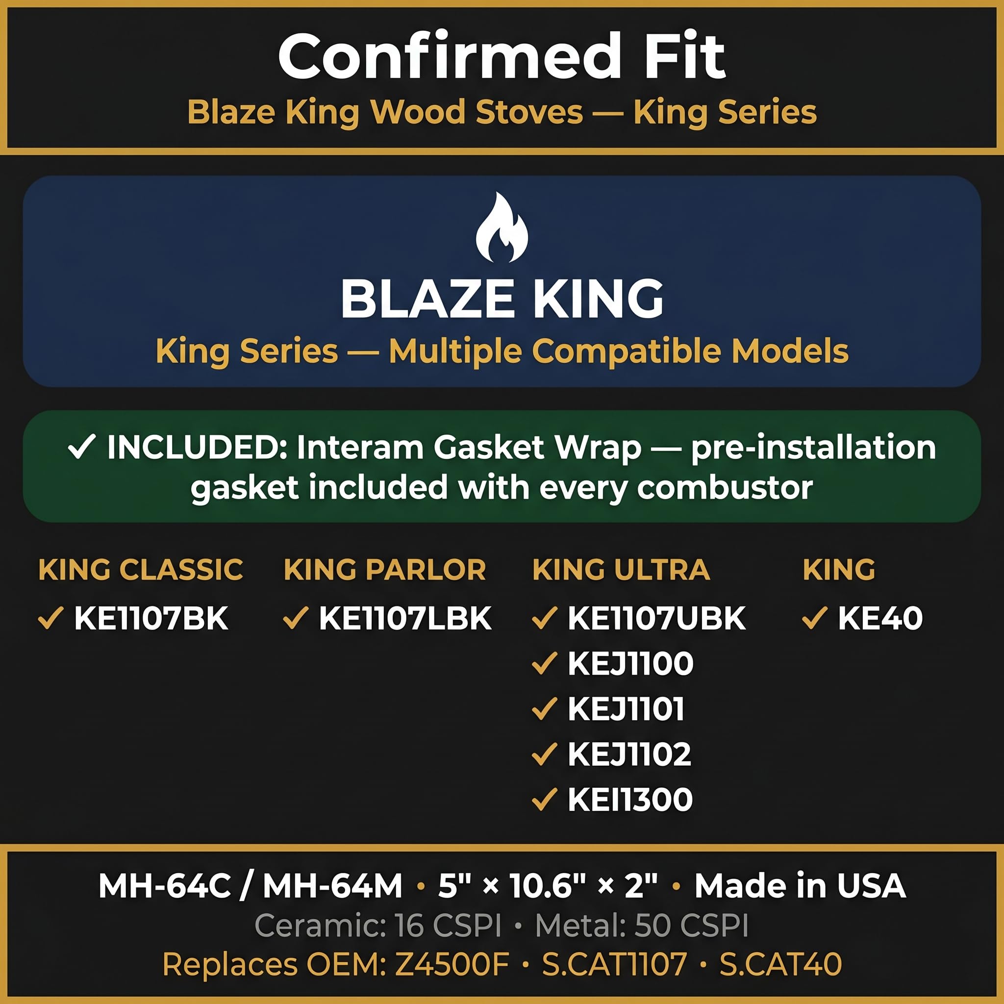 Midwest Hearth Repuesto de combustor catalítico para estufa de leña Blaze King (King Classic, Parlor, Ultra) (5 x 10.6 x 2 pulgadas, cerámica), fabricado en Estados Unidos