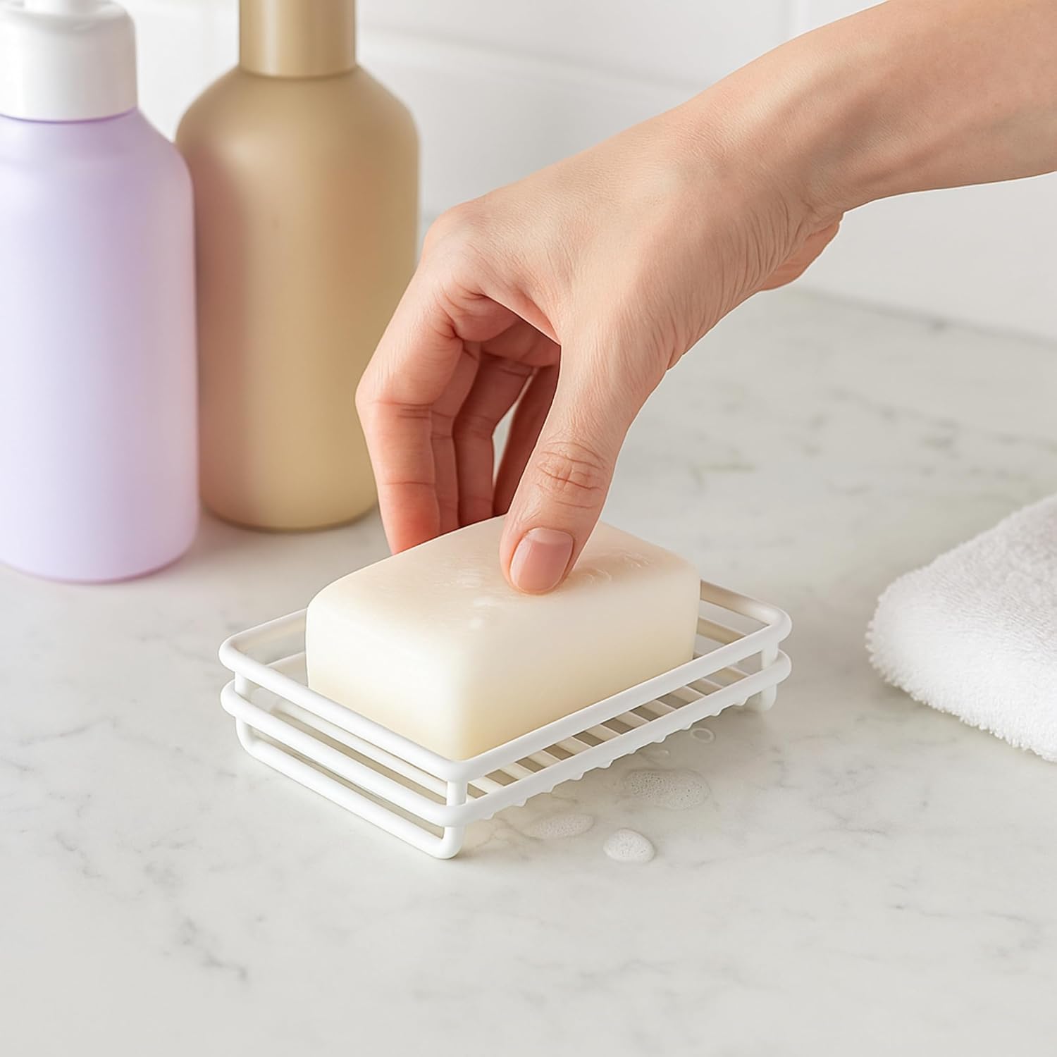 Creative Home Metal Wire Soap Dish Tray Rust-Resistant Iron Bathroom Holder with White Powder Coating Bar Soap Rack for Shower Sink Kitchen Vanity, 3.1 x 4.4 x 1 H Inch