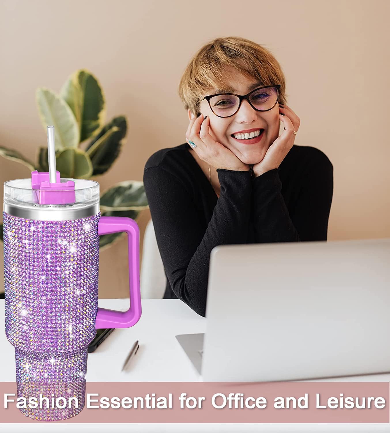 40oz Tumbler with Handle-Glitter Rhinestones Tumbler Bling Cups Stainless Steel Water Bottle Diamond Studded Tumbler for Women-Birthday Gifts for Women, Mom, Wife, Girlfriend (40 oz,Lilac) - Image 5