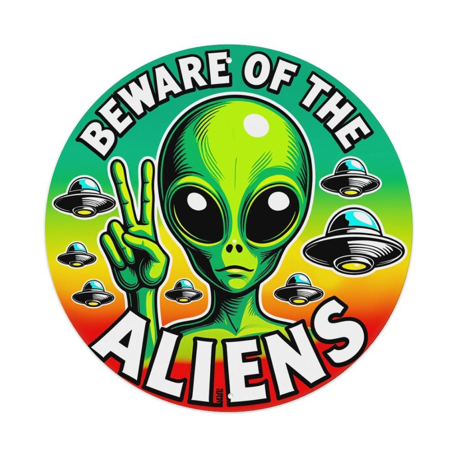 Alien Peace Sign UFOs Warning Round Tin Sign Retro Metal Sign for Cafe Bar Pub Home Game Room Gym Club Wall Decoration Vintage Metal Poster 8x8 Inch