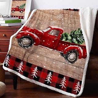 I'll Be Home for Christmas Sherpa Fleece Throw Blanket, Red Car Xmas Tree Brown Wood Plaid Super Soft Cozy Plush Blanket for Couch Sofa, Reversible Winter Warm Bed Throws, 50'' x 60''