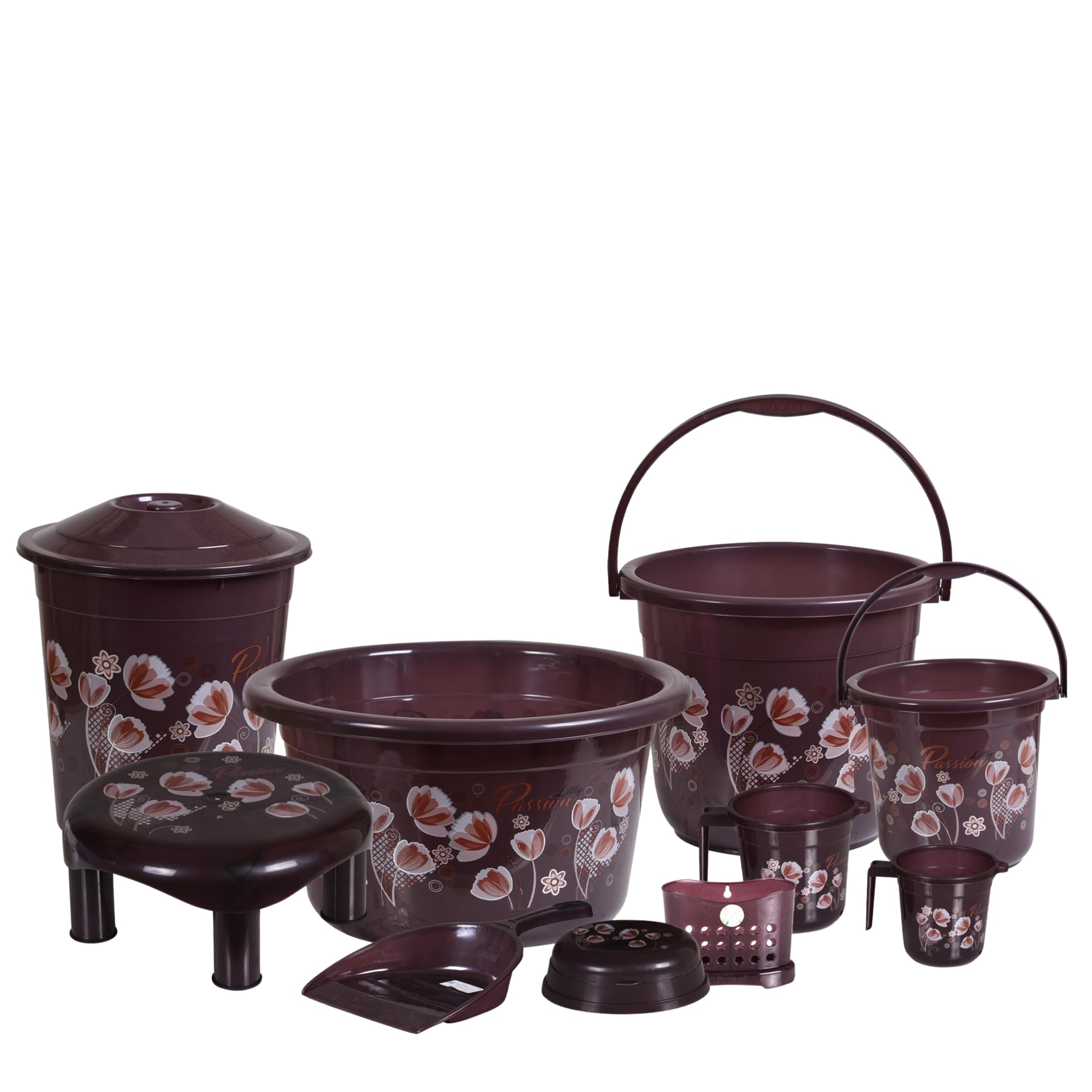 Heavy Duty Virgin Plastic Large Capacity 16 L Bucket, 5 L Bucket, Patla, Deep Tub, Dustbin, 1.5 L Mug, 1 L Mug, Soap Case, Dustpan, Tooth Brush Stand Bathroom Set (Chocolate) - 10 Pieces