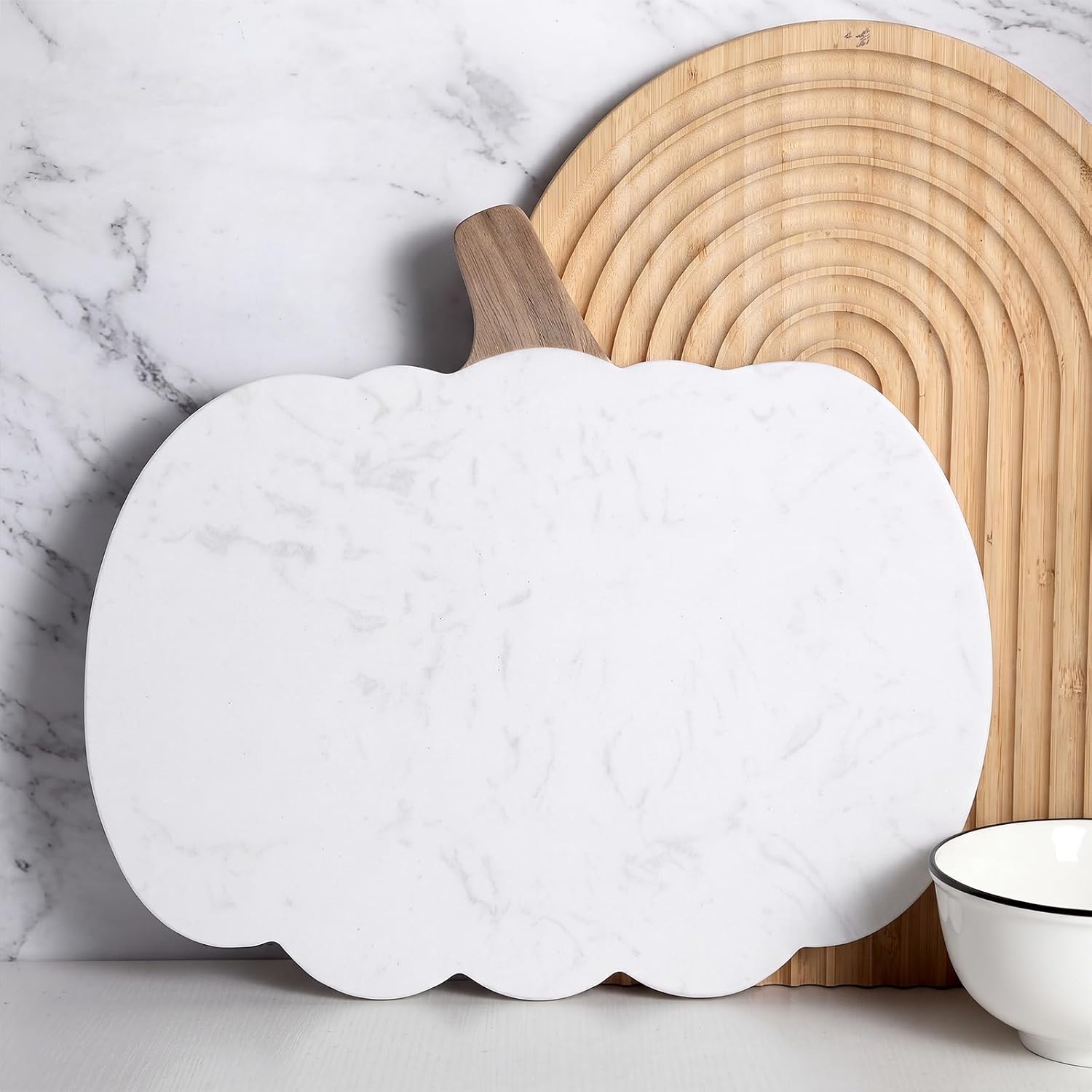 Reallnaive Pumpkin Shaped Marble Cutting Board, 11 x 9.8 Inch White Marble Cheese Board, Decorative Charcuterie Serving Tray for Fall Autumn Cheese, Appetizers, Kitchen Counter and Holiday