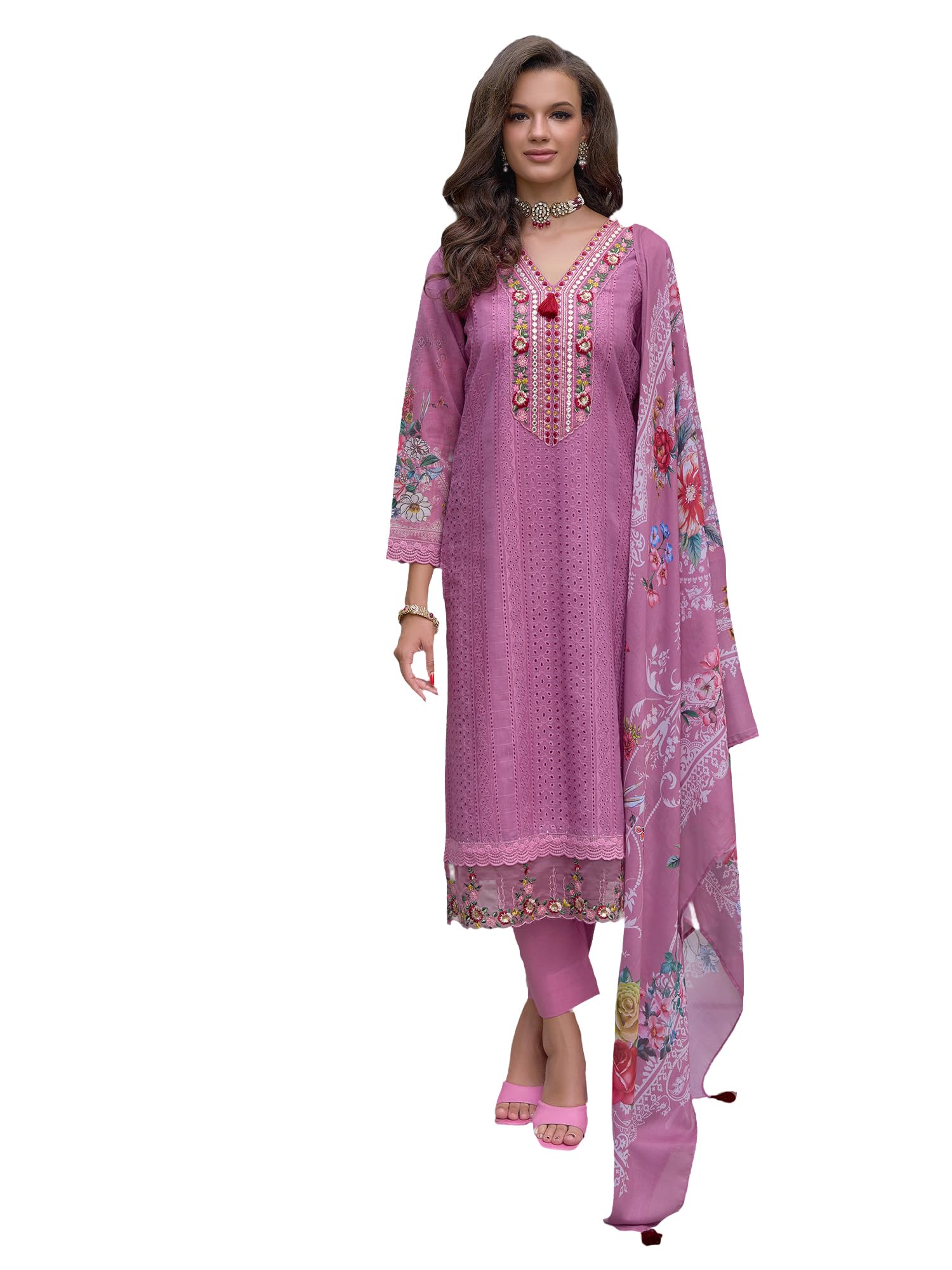 Women's Straight Pure Cotton Floral Embroidered Kurta & Pant with Dupatta Set (IEOUT10724)-image-35
