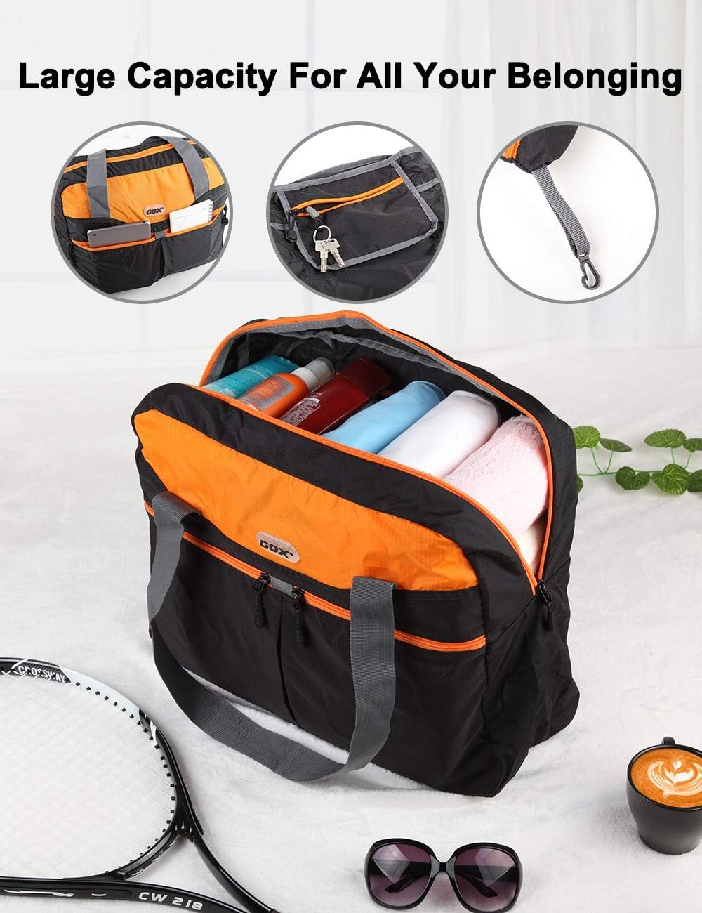 GOX Ultra Light Foldable Packable Tote Bag Weekender Crossbody Duffel Nylon for Women Small Travel Tote under Seat Shoulder Bag on Plane Extra Large Bag with Zipper (Black&Orange) - Image 4