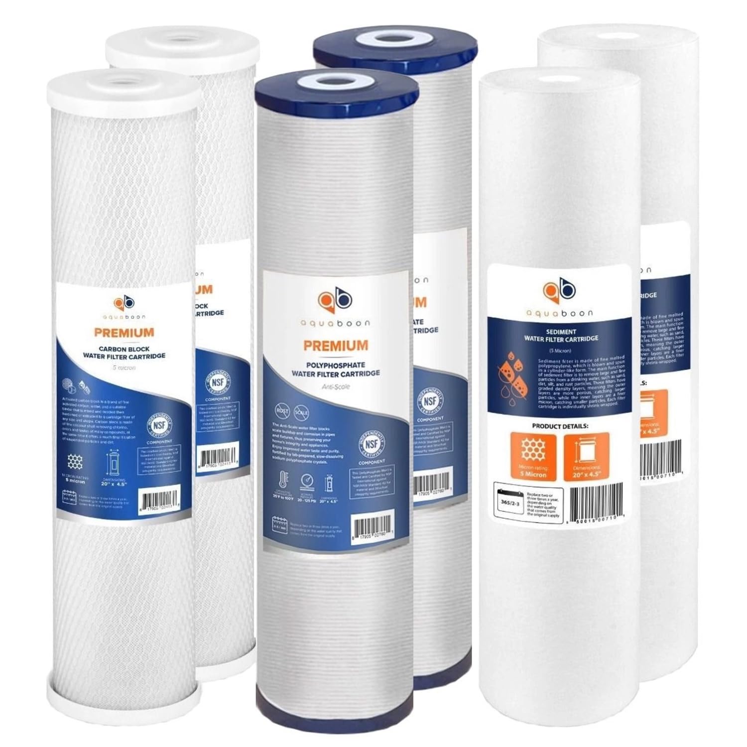 Aquaboon Cartuchos de filtro de agua de carbono de 5 micras, 20 x 4,5, antiincrustación, para sistema de filtración de agua de 3 etapas para toda la casa, juego de 2 unidades