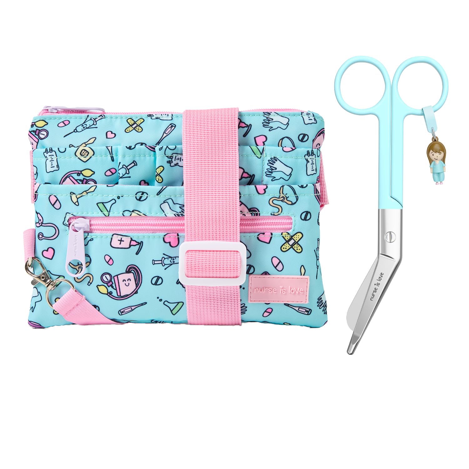 Nurse is Love Set para Enfermera y TCAE (2uds). | Riñoneras + Tijeras Enfermeria Curvas con Mosqueton | Accesorios para Enfermera | Usa con Lanyard - Salvabolsillos, Regalos Original -AQUA