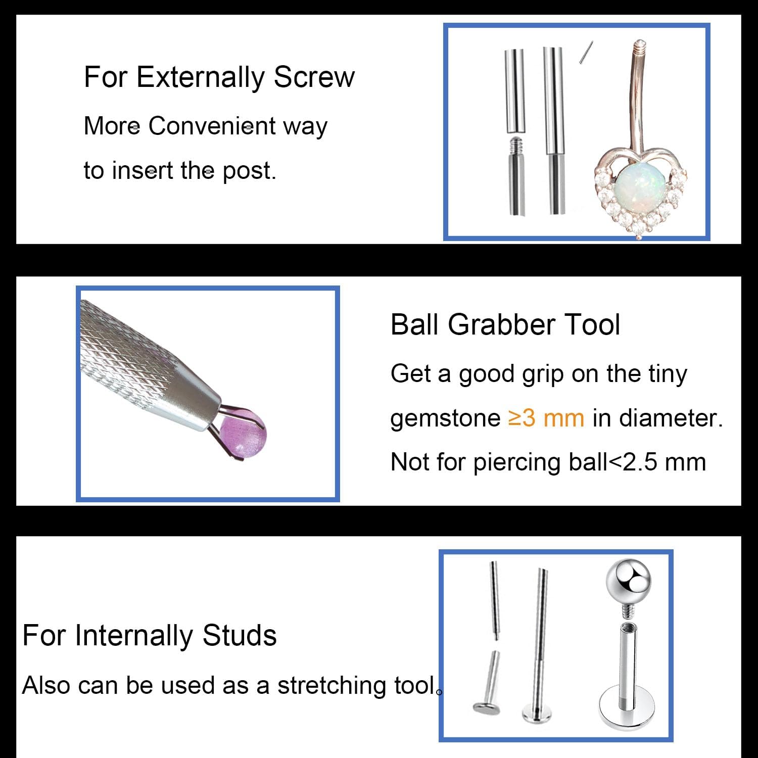 Piercing Ball Grabber Tool and Piercing Taper 16G 18G 14G for Flat Back Threader Earring Insertion, Stainless Steel Piercing Tool Kit
