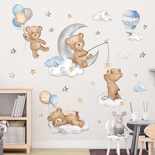 Miniatura 3 de decalmile Calcomanías de pared de oso durmiendo en la luna, globos aerostáticos, animales, nubes, calcomanías de pared para habitación de bebé,
