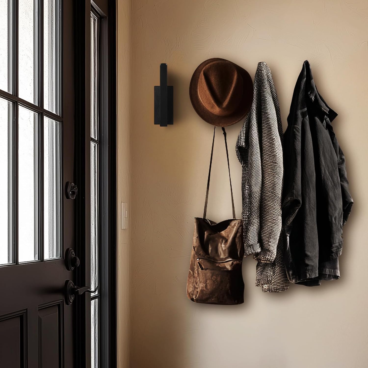 Large Deep Hat Organizer - Wooden Style 4 Set Wall Baseball Cap Hooks Backpack Hanger Heavy Duty Wall-Mount Big Rack Hanging Holders for Entryway Hallway Closet Camper Basement Storage (Black)