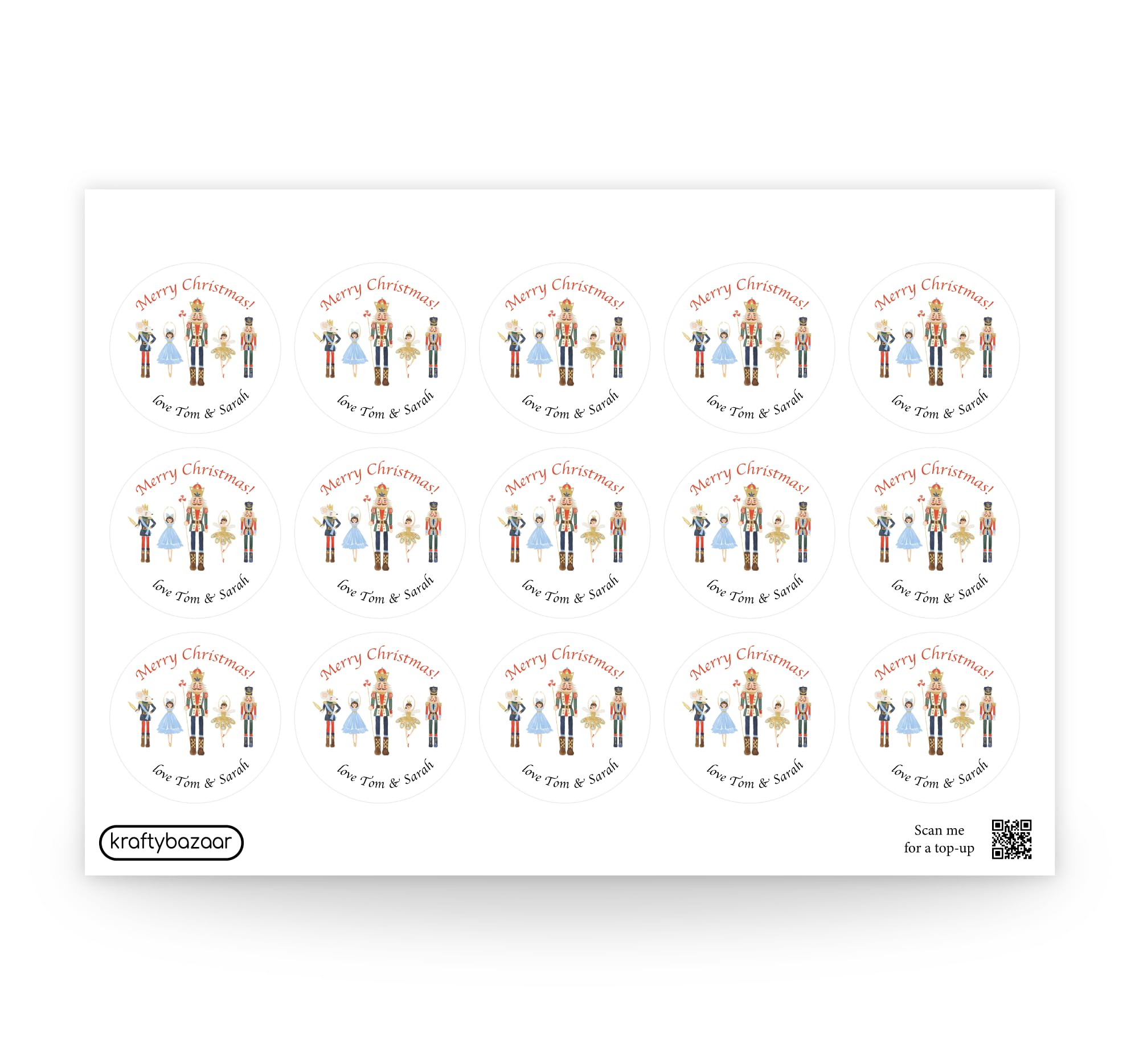 KraftyBazaar Pack of 450 Merry Christmas Nutcraker Ballet Paper Labels - 37mm Round White Self-Adhesive Vinyl Stickers - Multipack Festive Stationery Craft Decor Vintage Labels