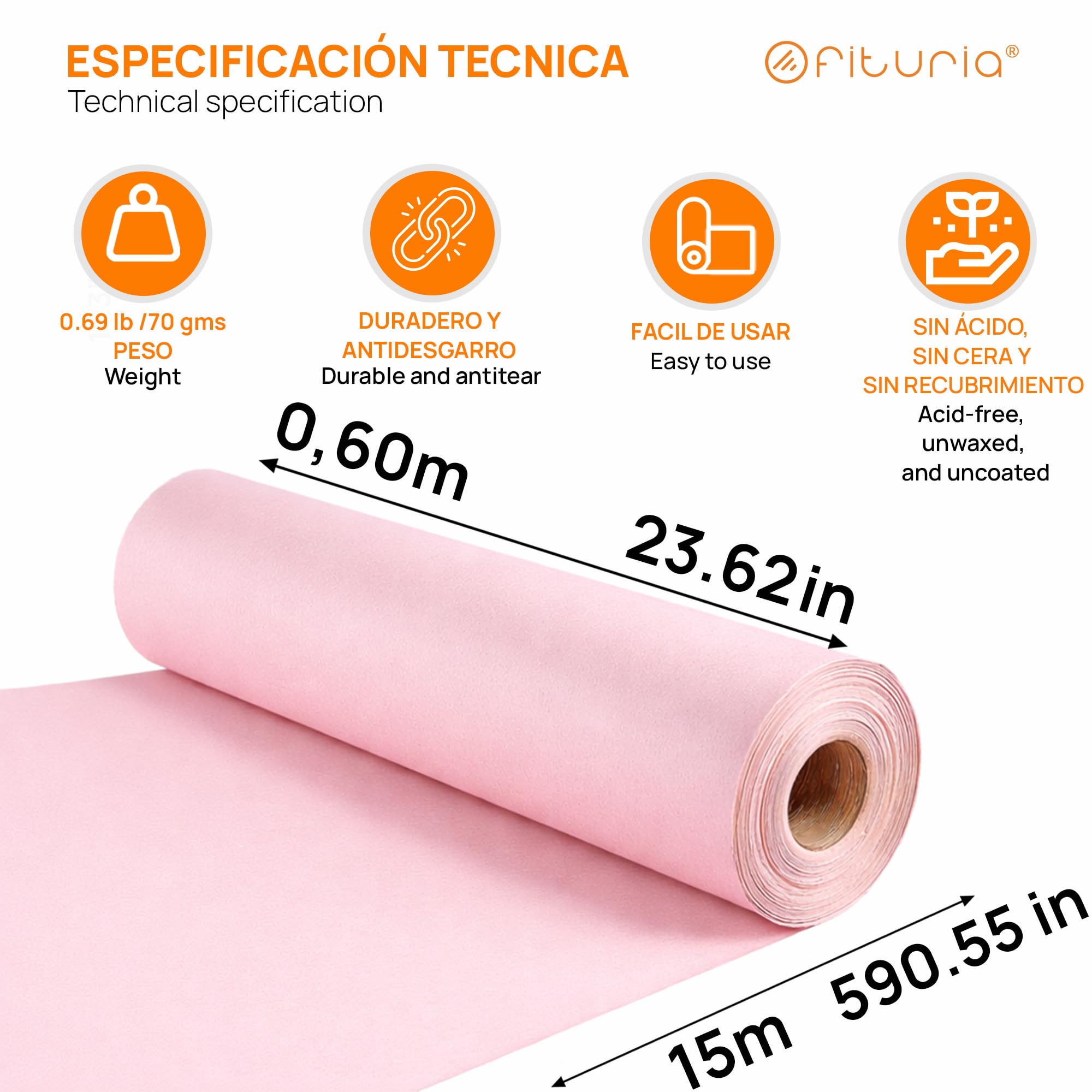 OFITURIA Papel Kraft Pastelowa Różowa Rolka 0,60 x 15 m, 3 rolki - papier pakowy i papier do pakowania prezentów, do wysyłki i majsterkowania, trwały i łatwy do cięcia