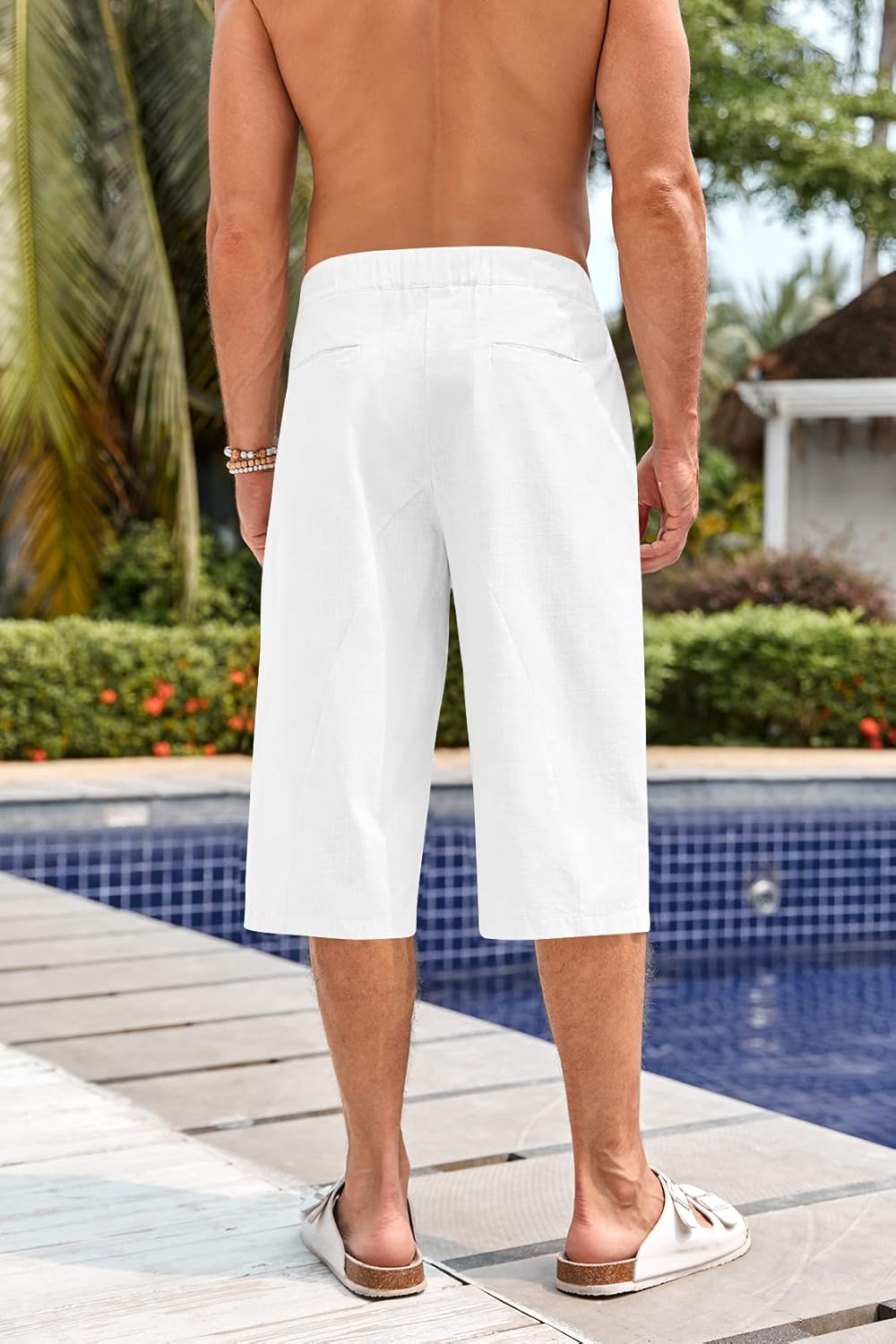 Fommykin Men's Cotton Linen Capri Pants Baggy Harem Drawstring Yoga Beach Pants with Pockets - Image 4