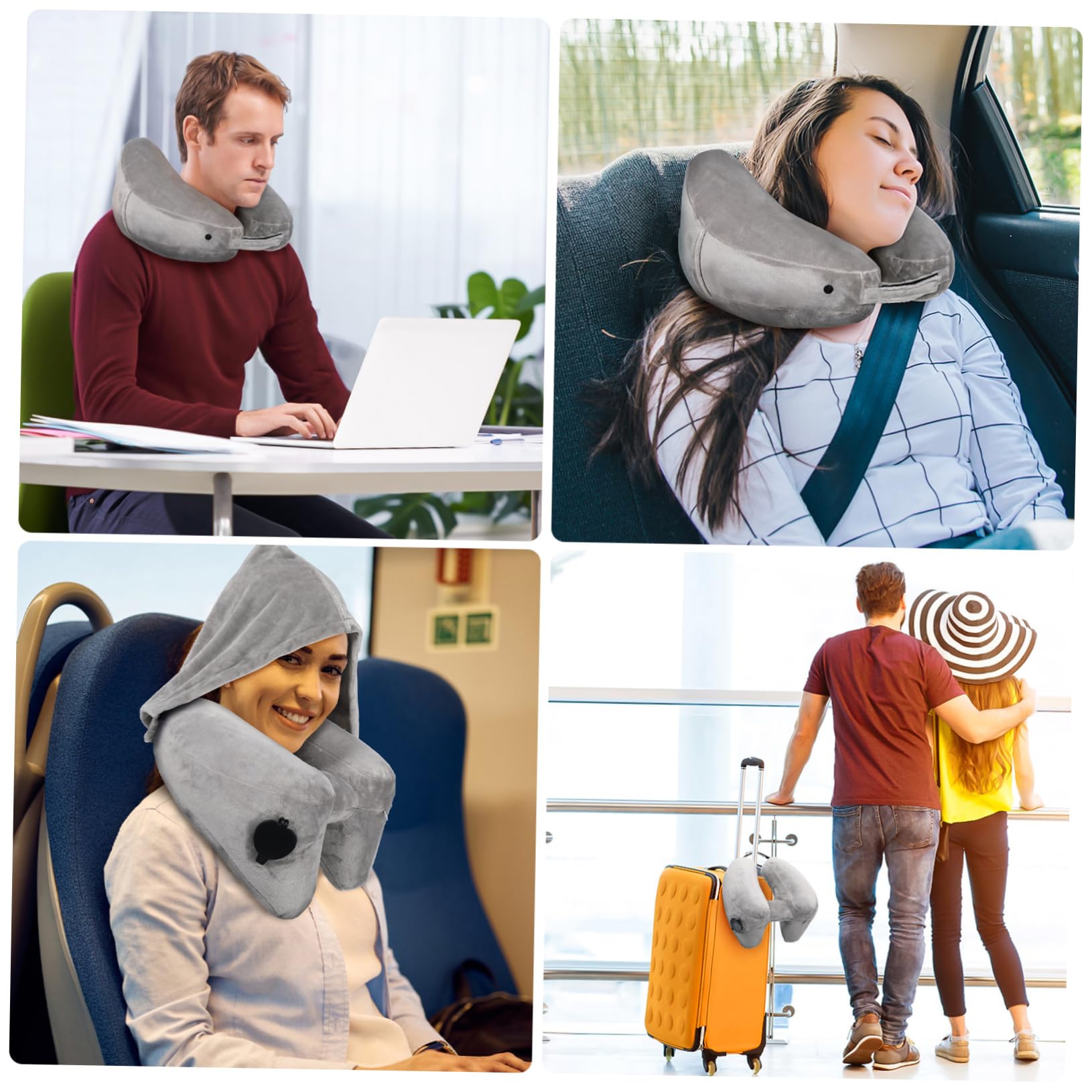 Gatuida Almohada de Viaje Cuello Inflable con Capucha para Soporte Cervical Coche o Avión Almohada de Viaje Inflable Cómoda