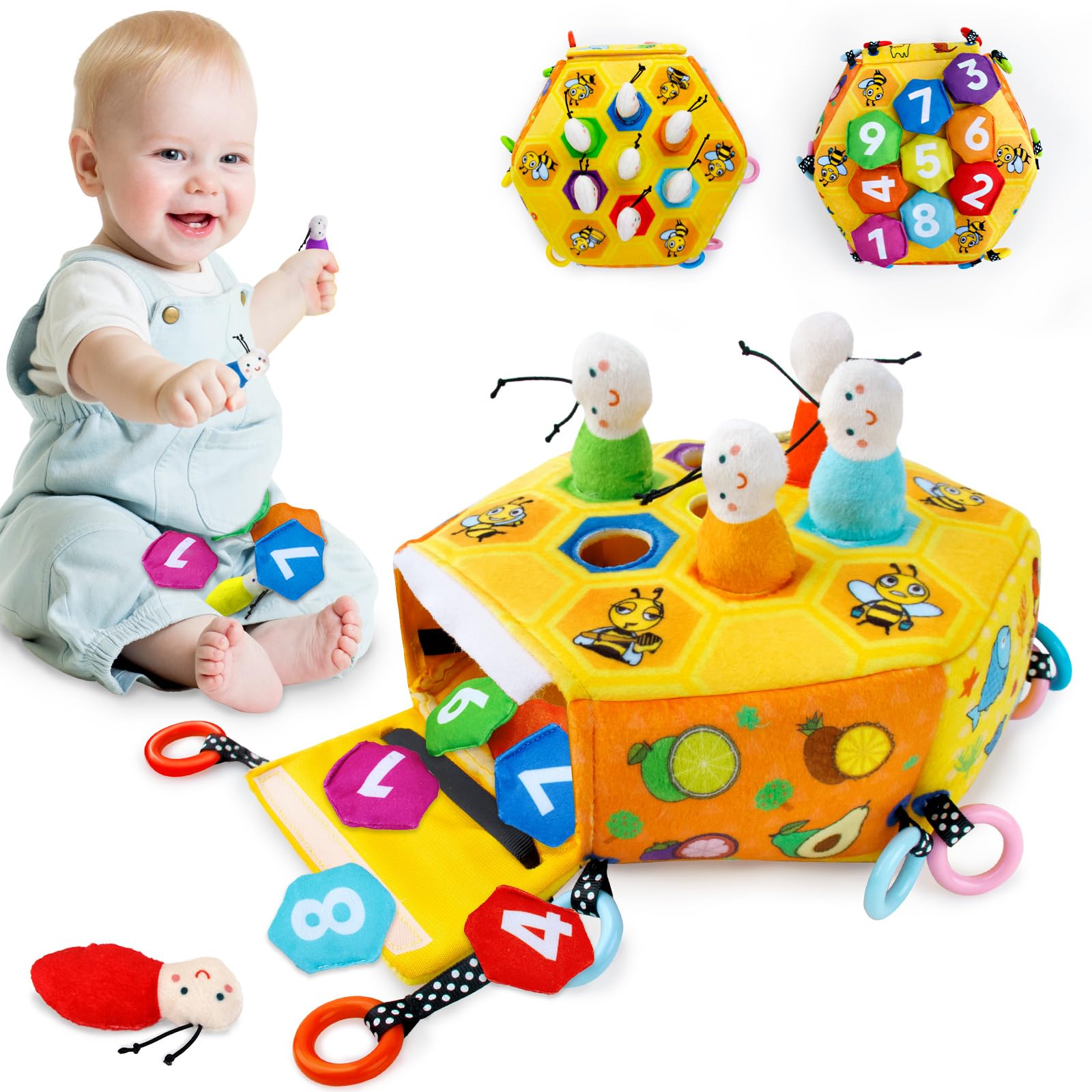Baby Sensory Montessori Toys, Fine Motor Skills Developmental Toys Take-Along Shape Sorter Baby Pull Toy with 2-Sided Activity Bag, 6 Bee Toys and 9 Hexagonal Sensory Bean Bags,Gifts for 6+ Months