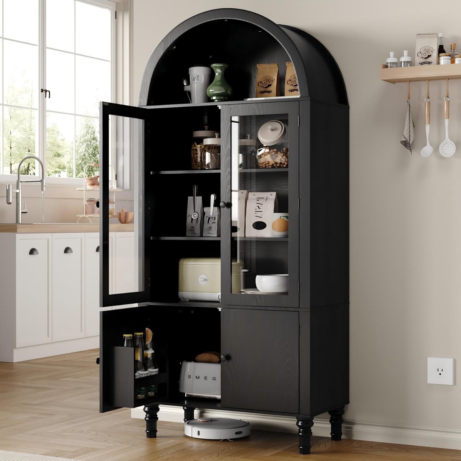 71" Tall Arched Pantry Cabinet, Modern Kitchen Storage Cabinet with Doors, 3 Adjustable Shelves, Door Shelves, Organizer, Versatile Cupboard for Kitchen, Bathroom, Black