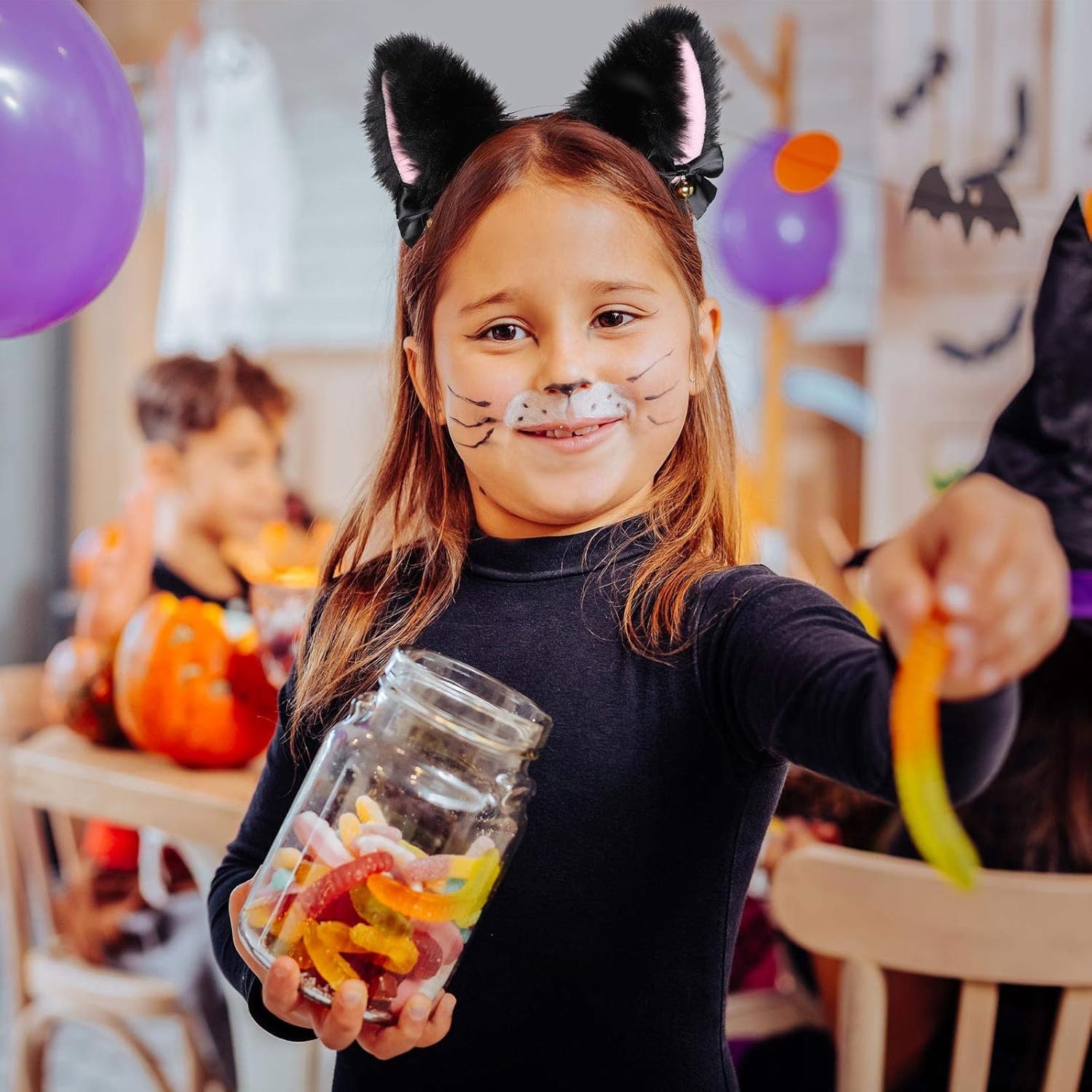 Miniatura 6 de Chuangdi 2 piezas de diadema de orejas de gato con lazos de campana, 2 piezas con lazo y campanas