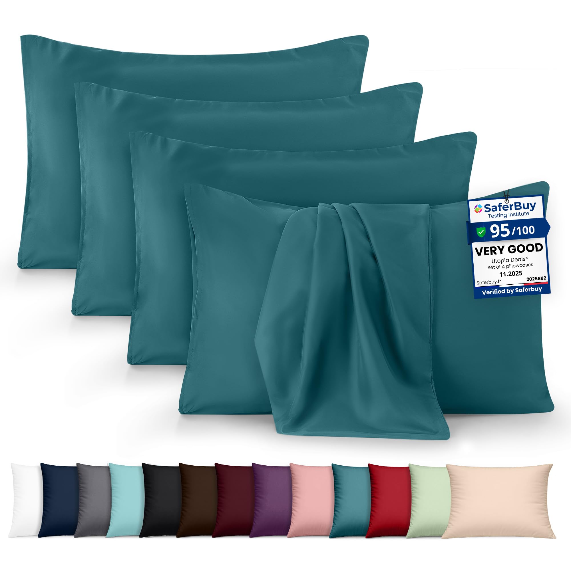 Utopia Bedding - 4 Pack Pillow Cases - OEKO-TEX - Standard Size 50x75 cm - 100% Brushed Microfiber Pillowcases with Envelope Closure, pillows not included - Wrinkle, Fade, & Stain Resistant - Teal