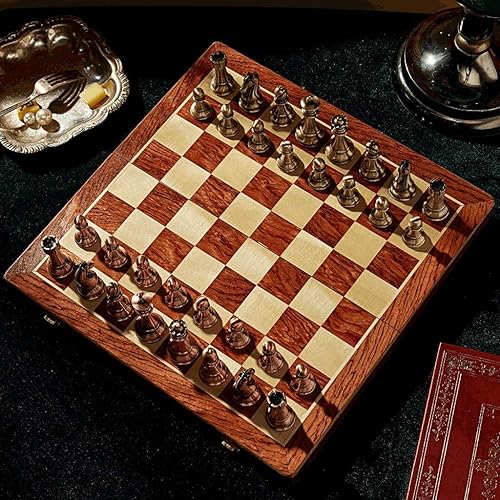 Miniatura 2 de ROLTIN Juego de ajedrez internacional de metal para niños y adultos con tablero de madera y almacenamiento, piezas estándar de metal, juego clásico