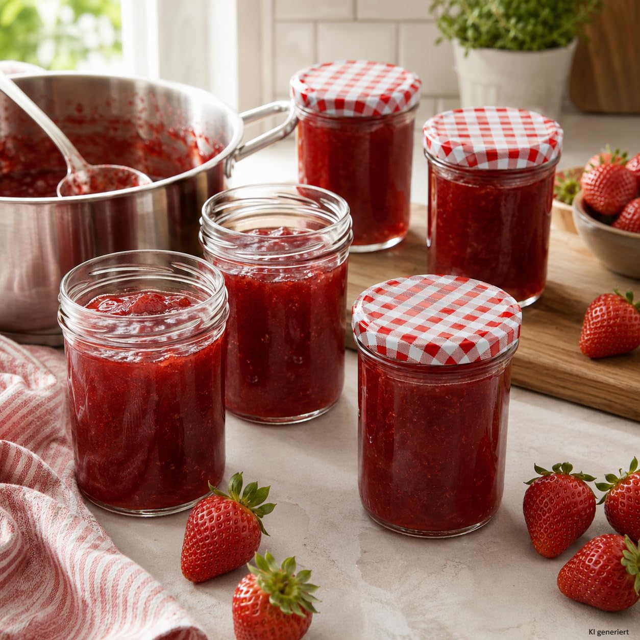 Set di 48 barattoli in vetro da 435 ml per conserva, con tappi To 82 rosso a scacchi, quaderno per ricette incluso