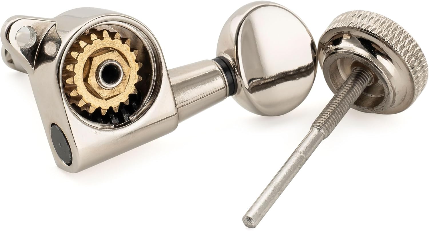 Musiclily Pro Left-Handed 6-in-line 18:1 Ratio Full Sealed Locking Machine Heads Tuners Tuning Pegs Keys with Vintage Oval Button 45 Degree Screw for Strat Tele Style Electric Guitar, Nickel