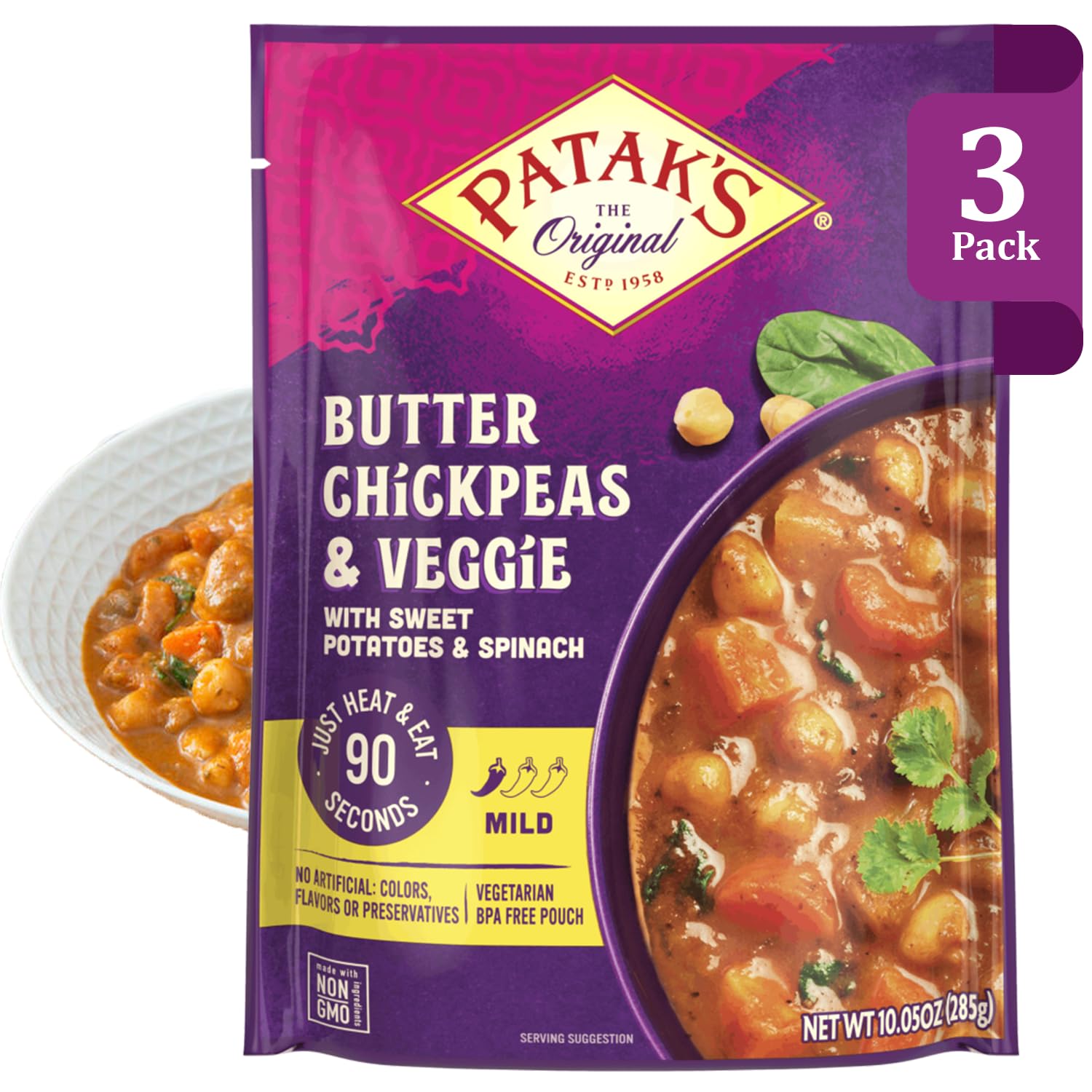 Patak’s Butter Chickpeas & Veggies - Vegetarian Ready to Eat Meal - Mild Indian Curry w/Chickpeas, Spinach & Veggies - Microwave Meal for Quick Dinners - Serve with Rice or Naan - 10.5oz (Pack of 3)