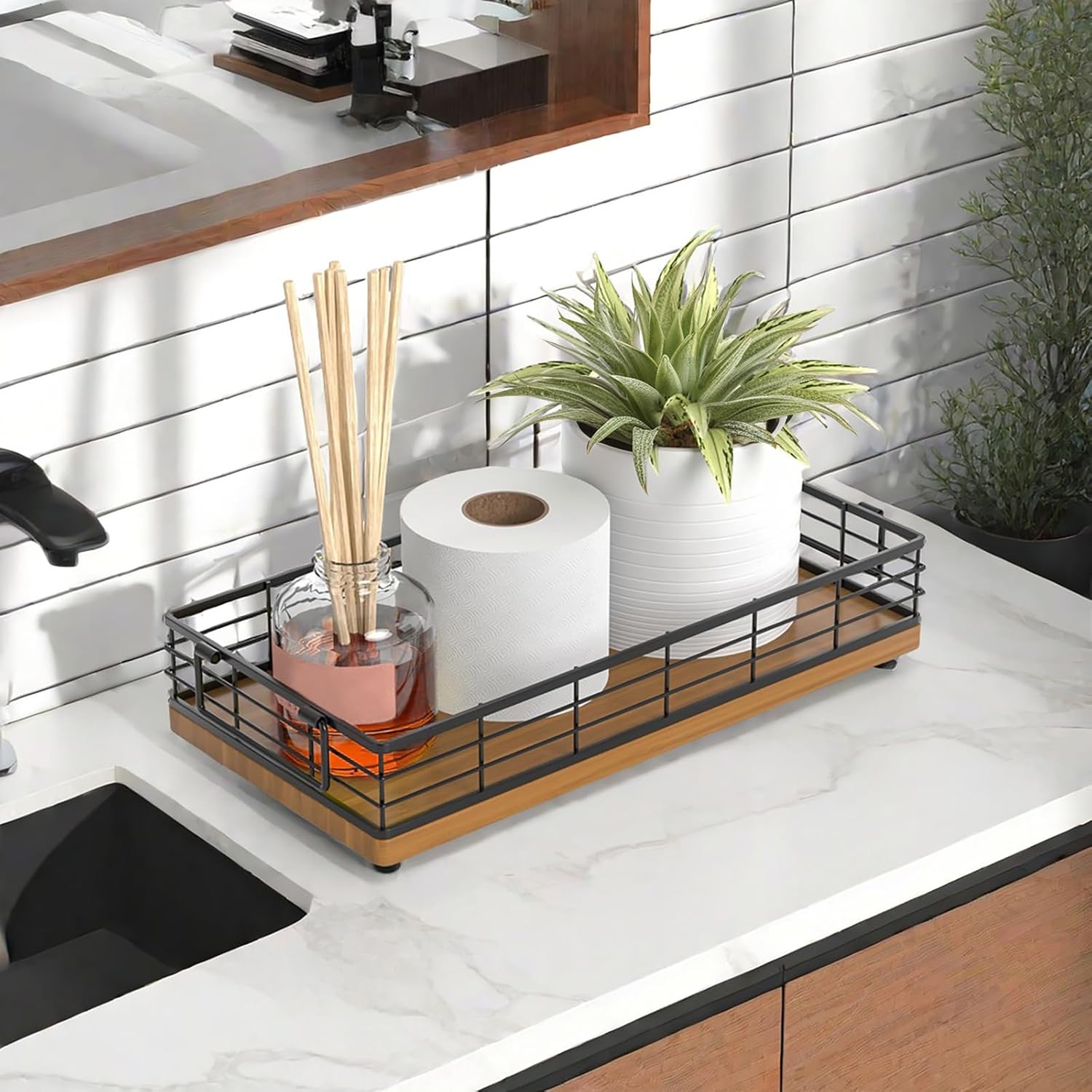 Toilet Paper Basket, 13" Bathroom Basket with Handle, Wood & Iron Toilet Tank Basket, Toilet Basket for Bathroom Tank Topper, Back of Toilet Basket for Living Room and Kitchen Counter (brown) - Image 6