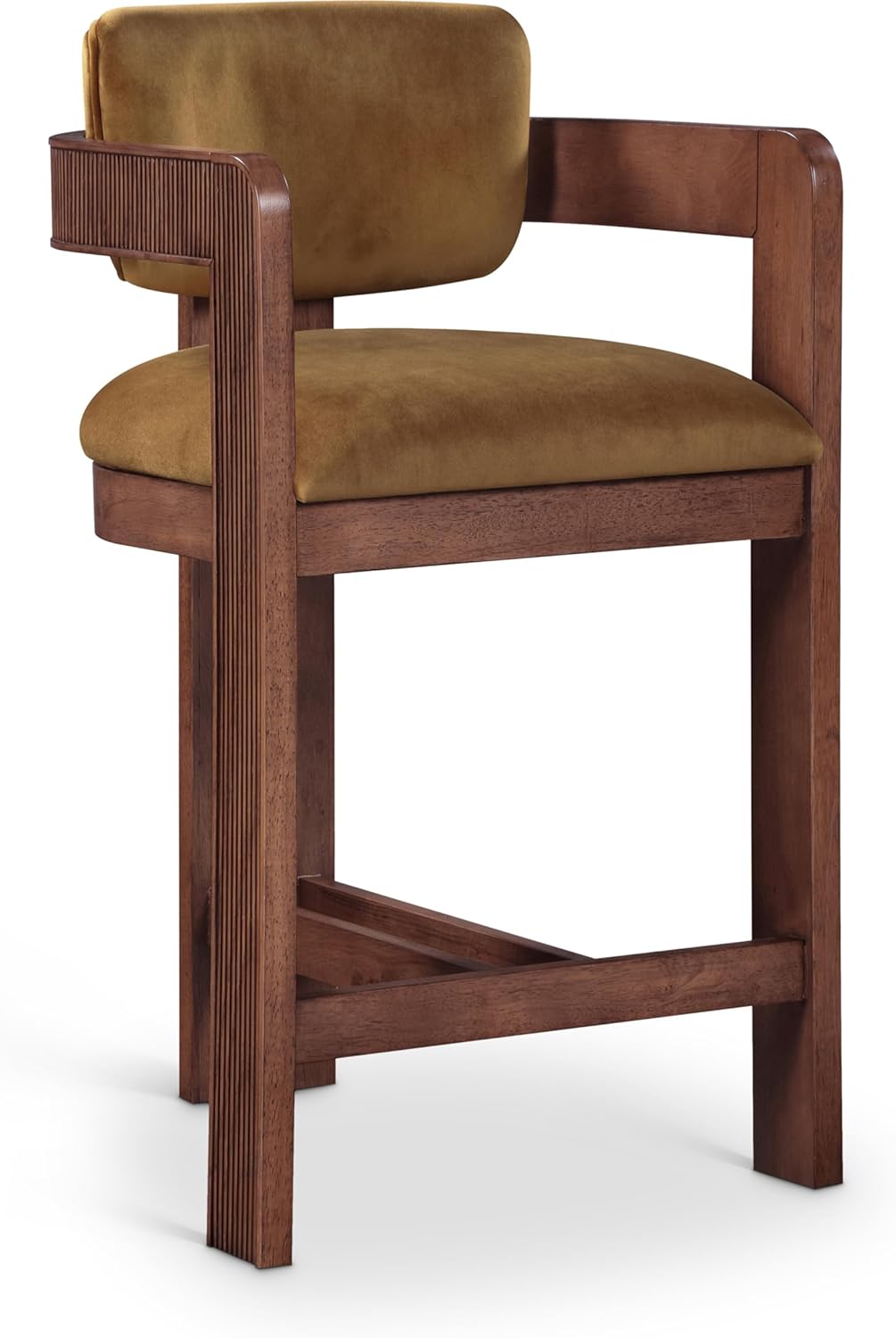  (Arm cracked) Meridian Furniture 11079Saddle-C Sacha Collection Art Deco Stool with Ultra Luxe Saddle Velvet, 460 GSM Velvet, Solid Wood Brown Walnut Finish, Fluted Wood, 20.5\" W x 21\" D x 37.5\" H, Saddle Saddle/Brown Velvet
