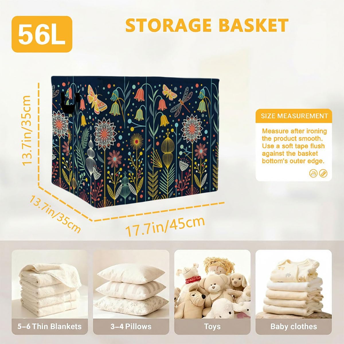Whimsical Folk Art Laundry Hamper, 56L Large Foldable Laundry Basket with Handles, for Family Clothes, Toy Storage Bin, Blankets,Decorative Organizer for Shelves & Closet Home Decor Bedroom & Nursery image 4