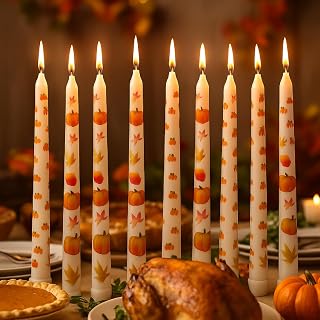 8 Pcs Fall Taper Candles 10'' Hand Painted Pumpkin Thanksgiving Taper Candles Autumn Maple Leaves Fall Halloween Decor Harvest Thanksgiving Decorations