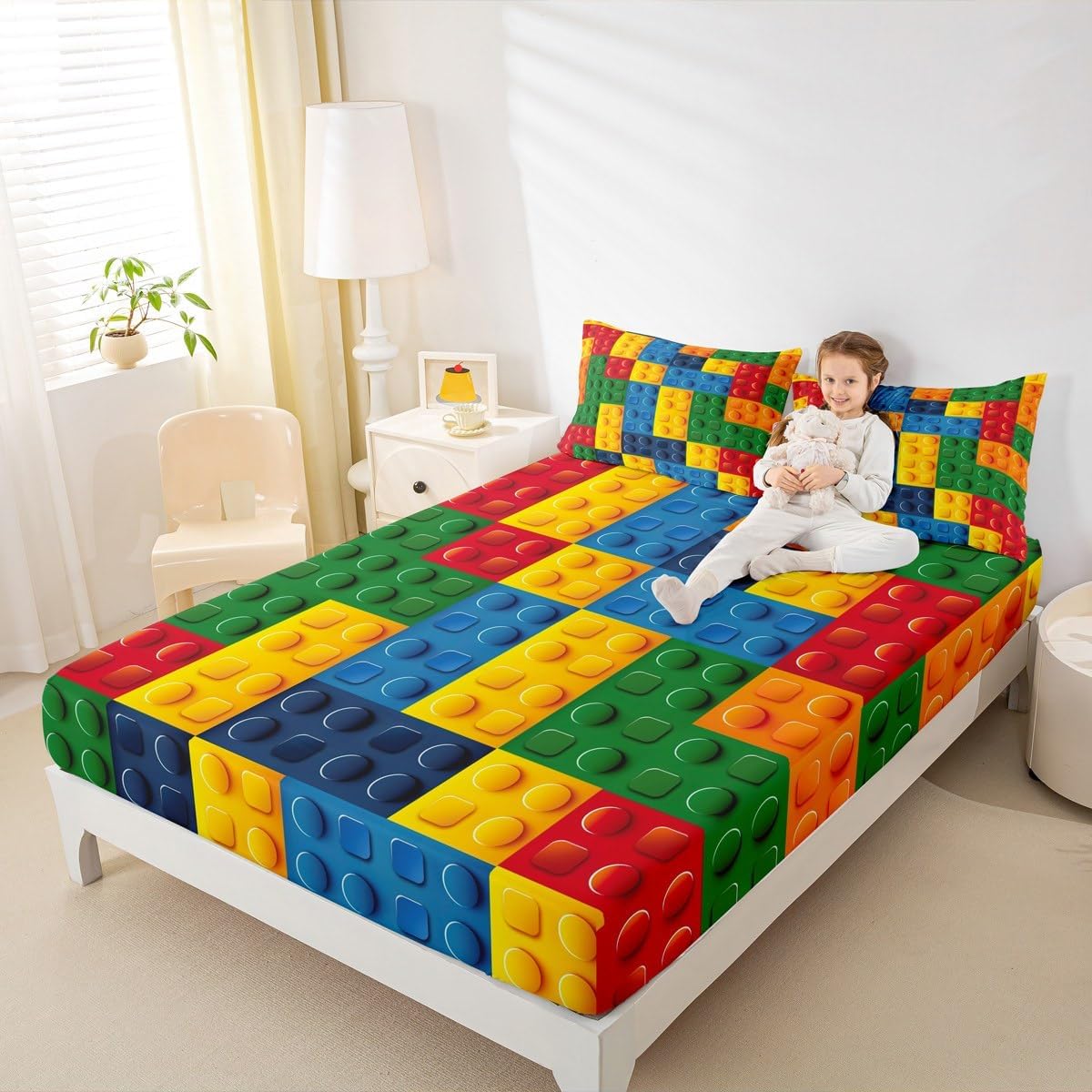 Feelyou Gaming Fitted Sheet Twin Size Kids Building Blocks Bedding Set for Boys Teens Toddler Toy Brick Bed Sheet Set Breathable Colorful Bed Cover Room Decor