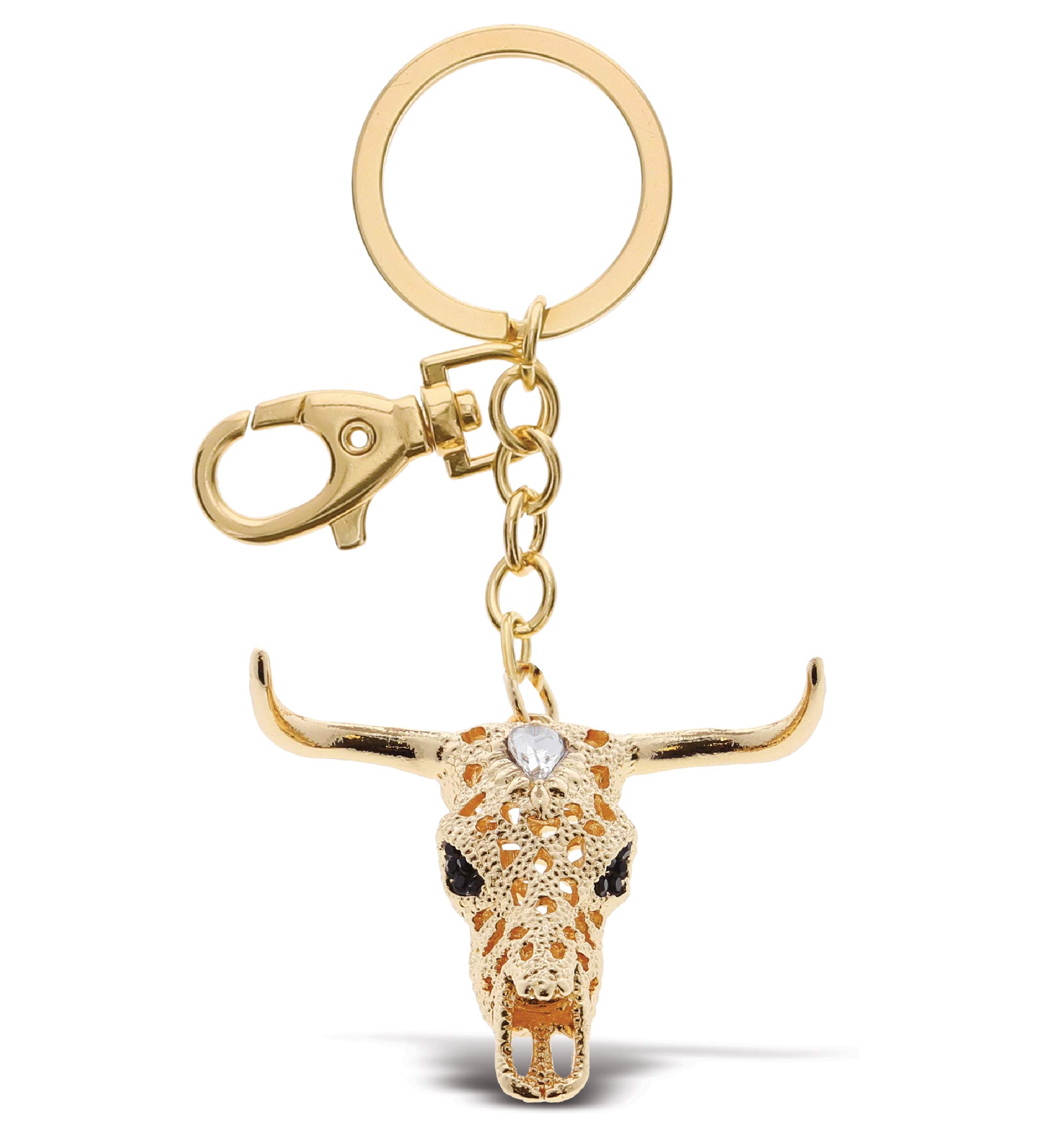 Aqua79 Longhorn Skull Keychain - Gold 3D Sparkling Charm Rhinestones Fashionable Stylish Metal Alloy Durable Key Ring Bling Crystal Jewelry Accessory