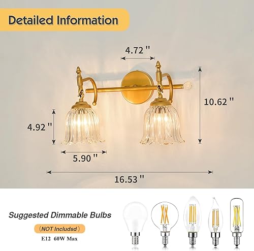 Miniatura 2 de CVKASH Lámpara de tocador de baño de 2 luces sobre el espejo, lámpara de tocador moderna de oro cepillado con pantalla de vidrio, aplique de pared