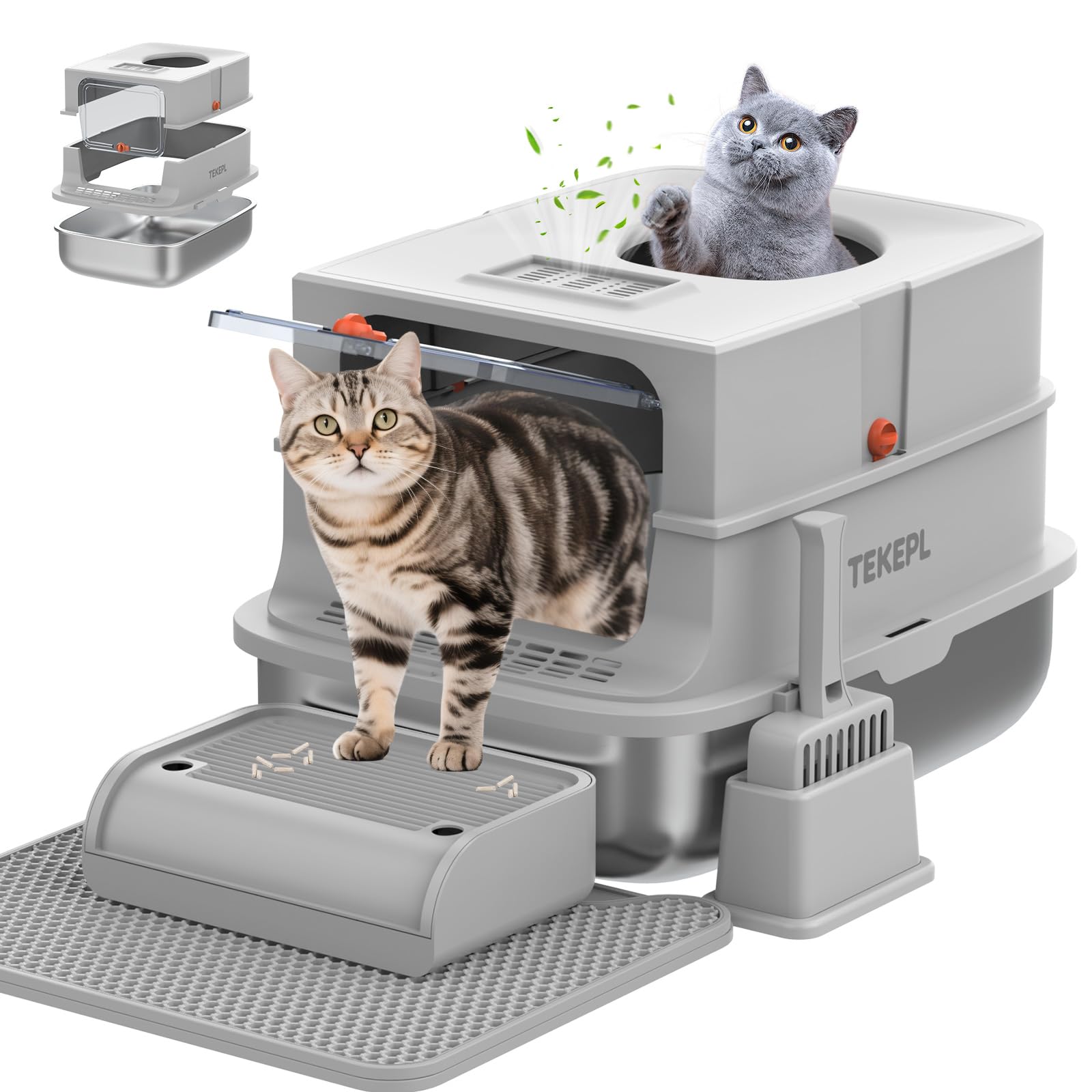 Stainless Steel Cat Litter Box with Lid, Extra Large Cat Litter Box for Large Cat, Metal Litter Boxs with High Sided Enclosed and Scoop, Top Entry, Anti-Leakage, Easy to Clean, Grey