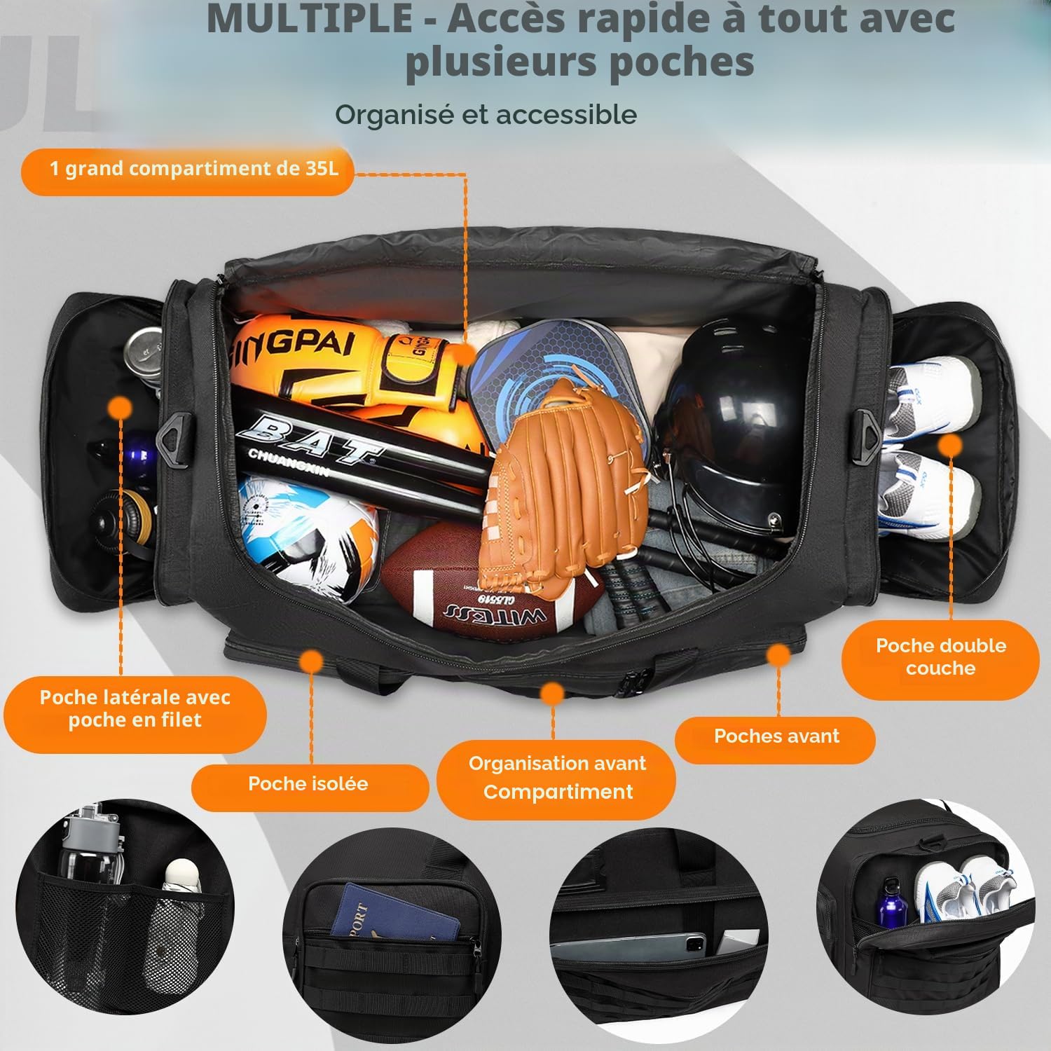 Sac de Sport et d'équipement Nylon 130L Grand Sac de Voyage pour Homme | Pliable avec Compartiment à Chaussures et réfrigéré, Bandoulière, XXL sac de sport pliable pour sauna salle Week-End