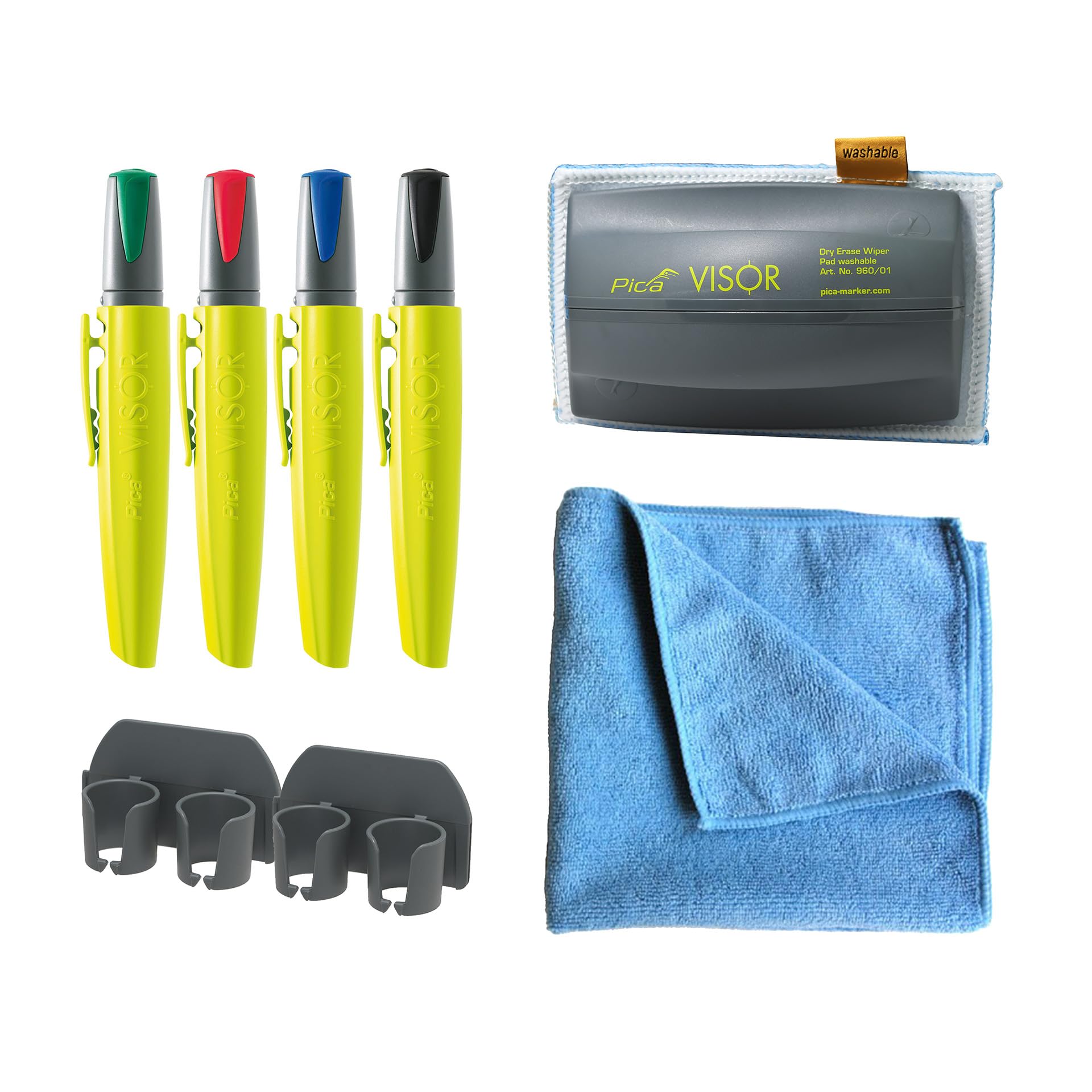 Pica Visor Boardmarker Starter-Set I Whiteboard komplett-Set | 4 Marker, Wischer und 2 Mikrofaser-Pads I trocknet nie aus I nachhaltige Gelmine I für Whiteboards, Tafeln und Glas