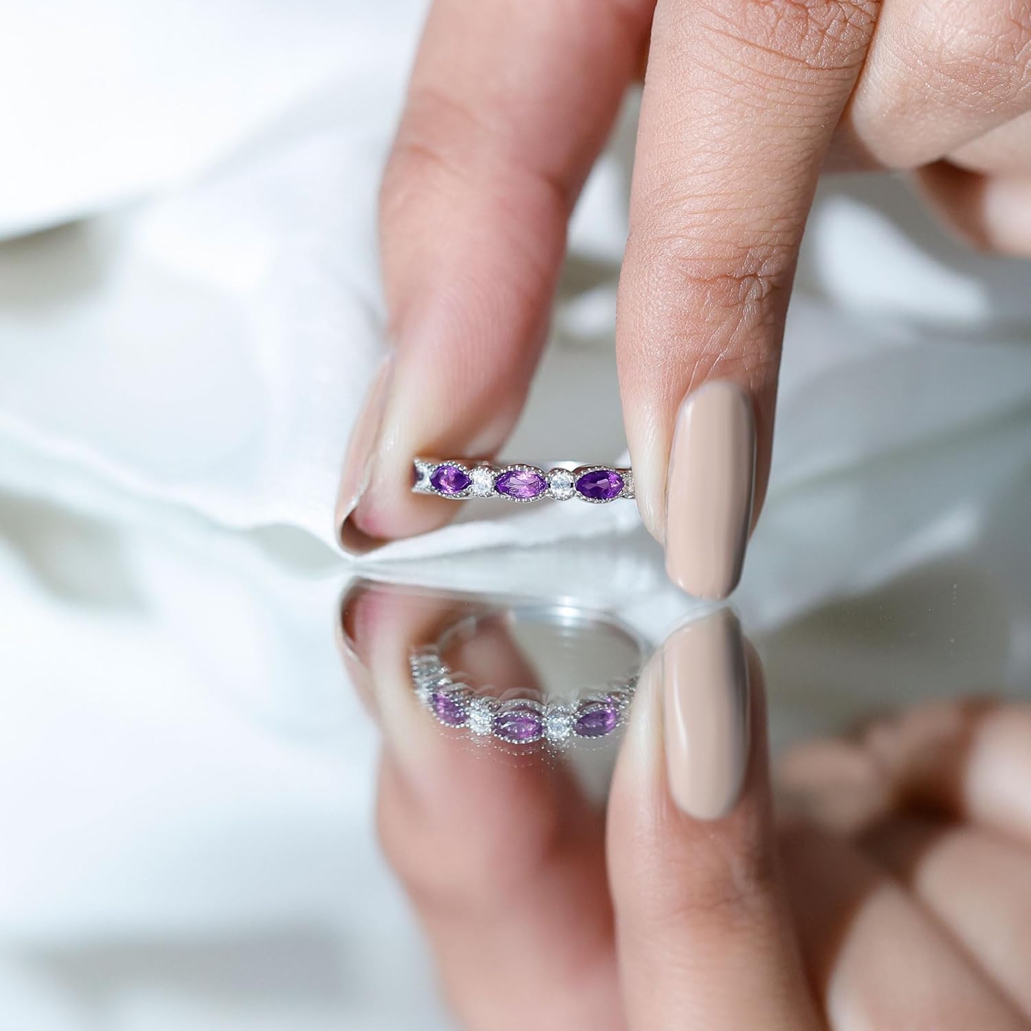 Natural Amethyst Wedding Band in Silver, Aaa Quality, Certified Amethyst Marriage Anniversary Ring (Ideal For Gift)