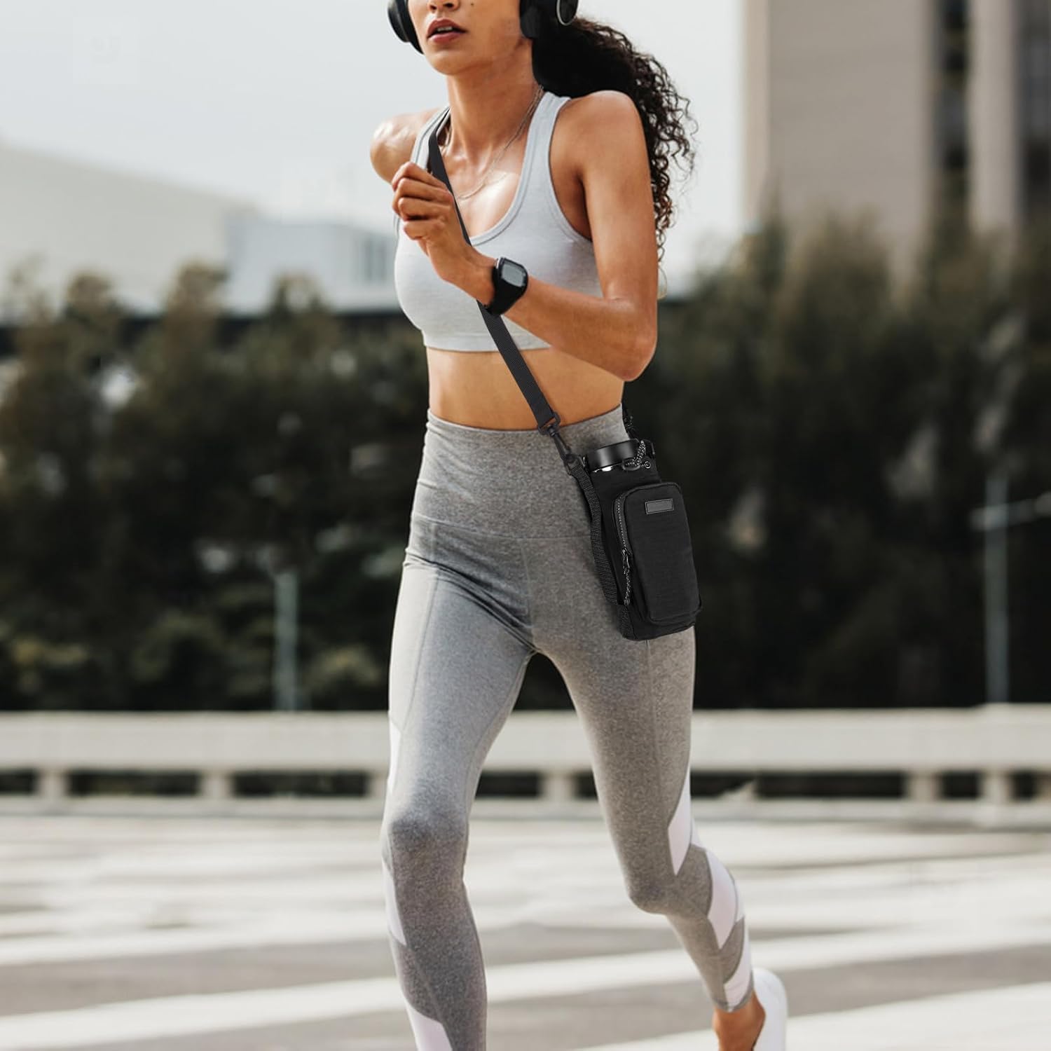 Linkidea Water Bottle Carrier with Strap Compatible with YETI Rambler Bottle 18oz/26oz, Owala FreeSip 24oz/32oz, Waterbottle Sling Bag Holder, Shoulder Strap with Phone Pocket (Black) - Image 5