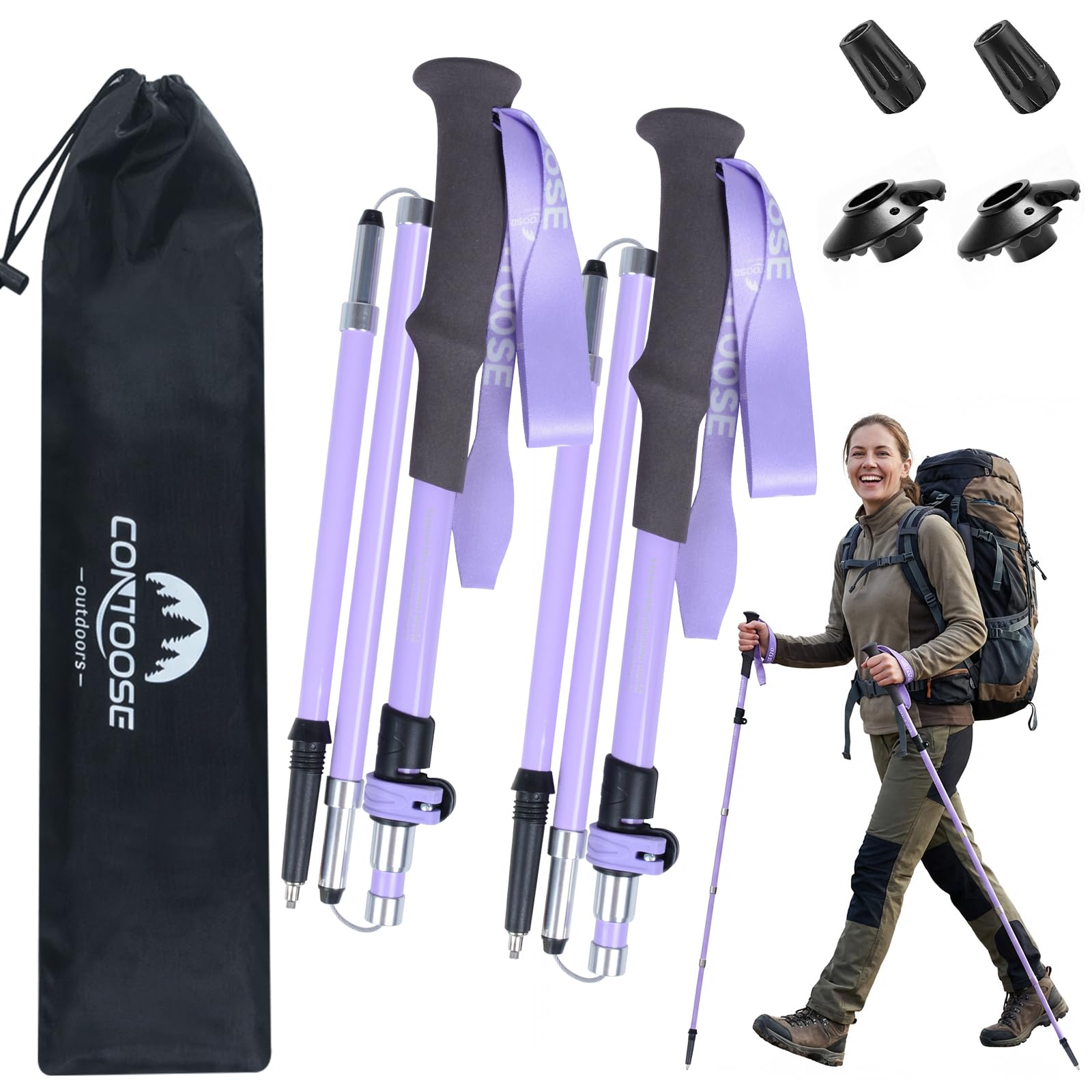 Qoosea Wanderstock für Damen, Premium Walking Stock Teleskop 110-125cm, [Kohlefaser] Faltbarer Trekkingstock mit Gummipuffer & Tasche, Hiking Pole für Wandern, Nordic Walking und Skitouren