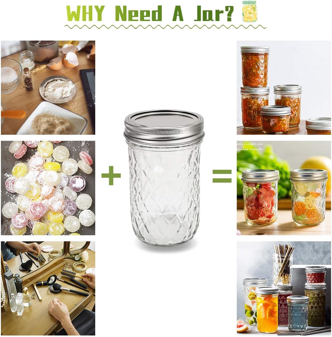 FRUITEAM 8 oz Mason Jars with Lids and Bands-Set of 12, Quilted Crystal Jars Ideal for Jams, Jellies, Conserves, Preserves, Fruit Syrups, Chutneys, and Pizza Sauce